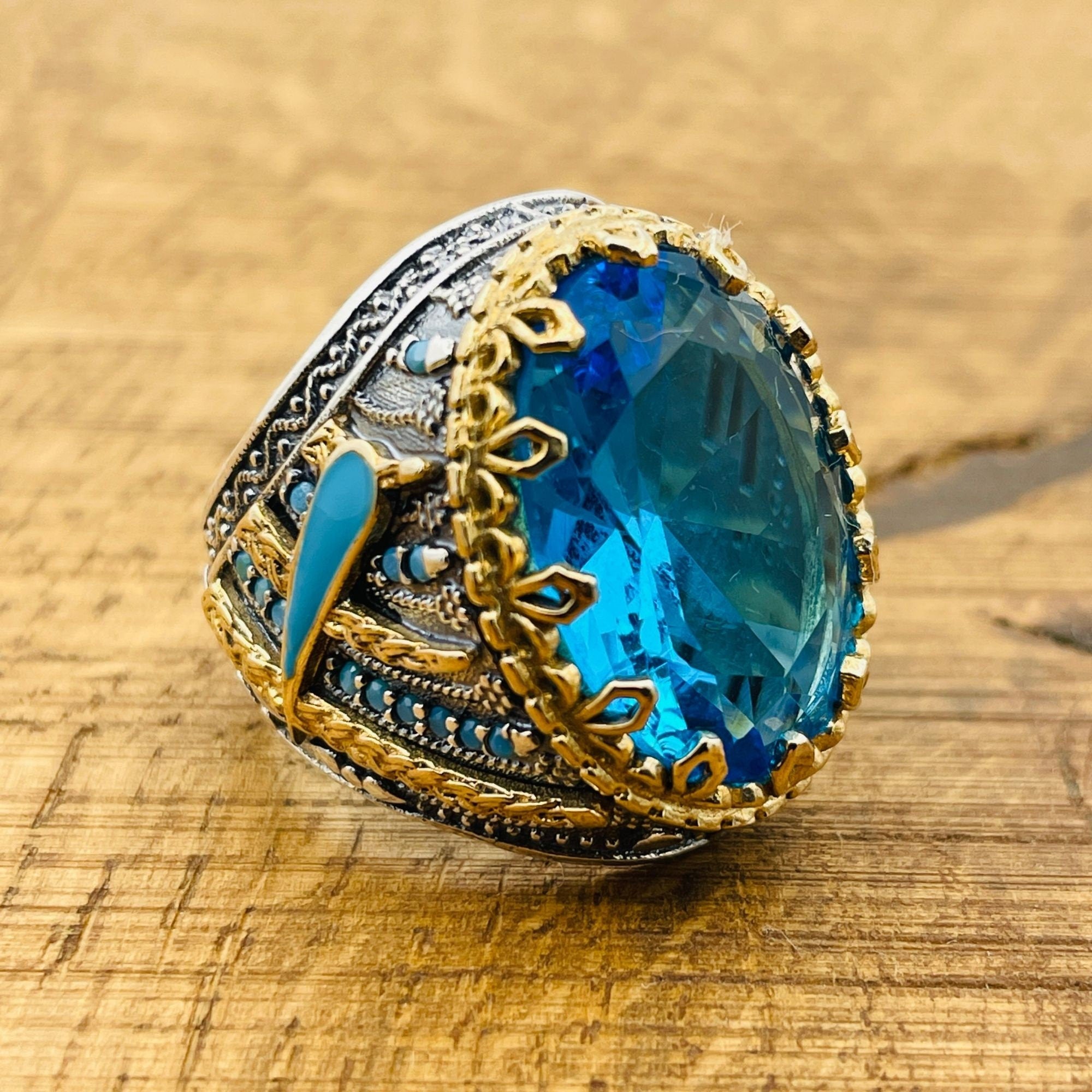 خاتم رجالي بيضاوي من الفضة الإسترلينية والجمشت الأزرق - حرفة تركية يدوية