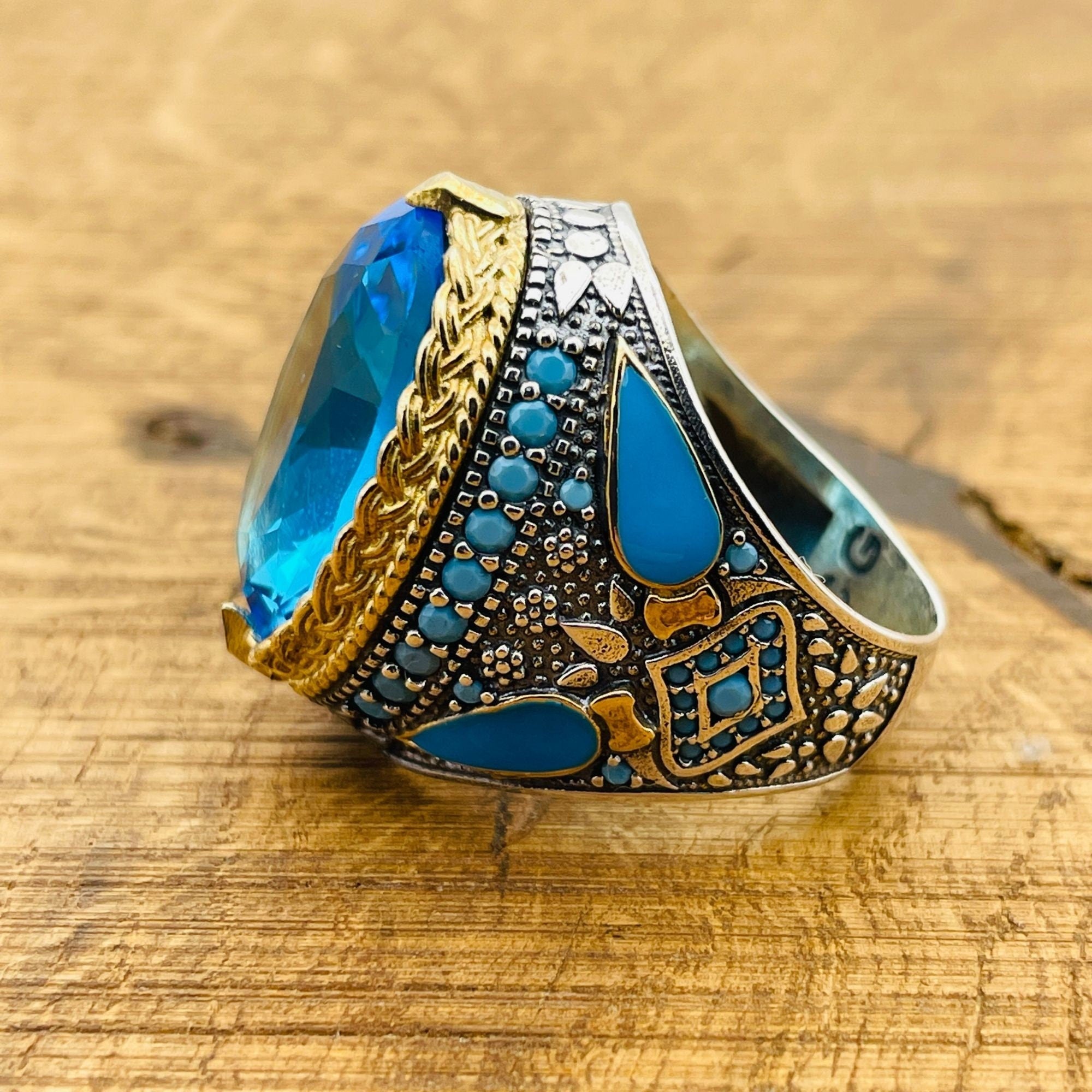 Men's Handcrafted Sterling Silver Aquamarine Oval Ring - Turkish Artisan Jewelry Gift