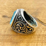 خاتم رجالي يدوي من الفضة الإسترلينية بحجر الأكوامارين البيضاوي - مجوهرات حجر كريم تركية أصلية مصنوعة يدوياً