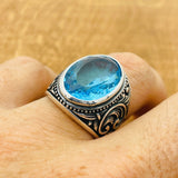 خاتم رجالي يدوي من الفضة الإسترلينية بحجر الأكوامارين البيضاوي - مجوهرات حجر كريم تركية أصلية مصنوعة يدوياً
