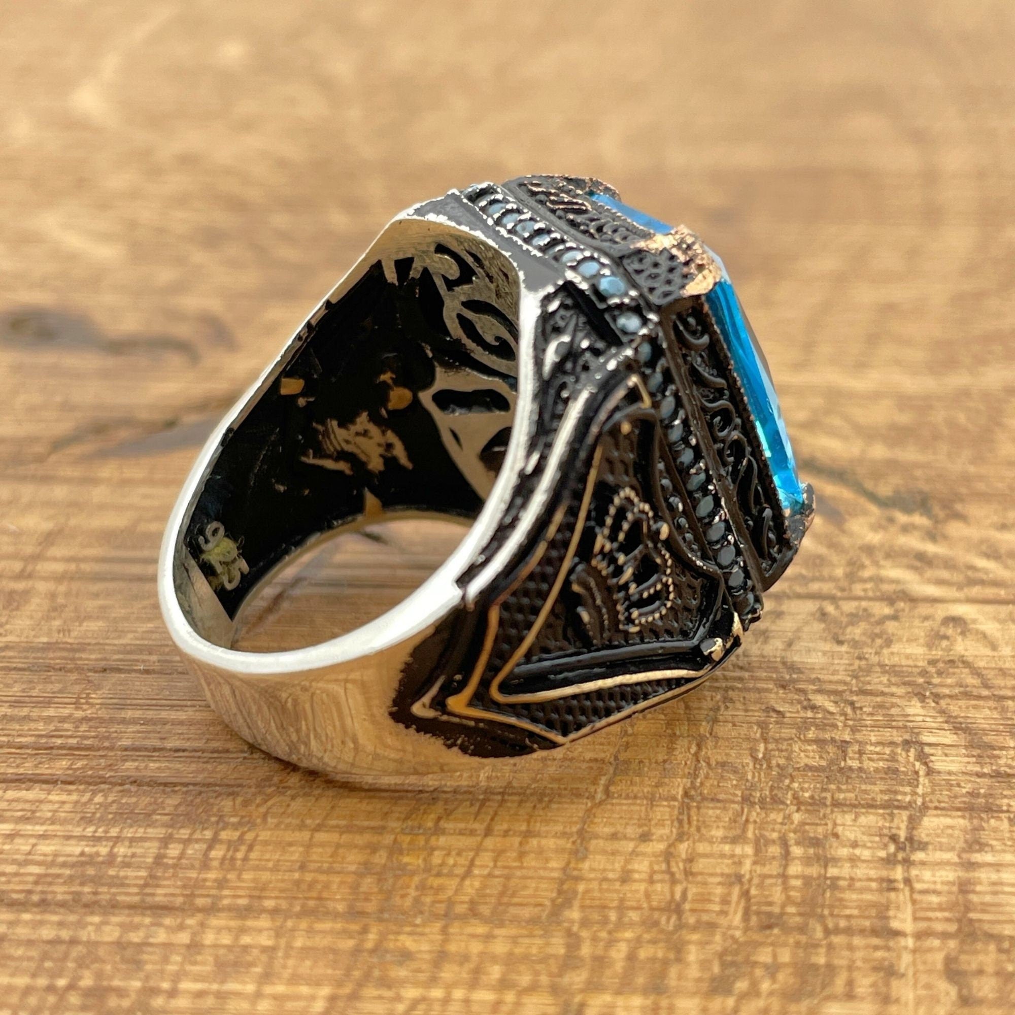 خاتم مربع من الأكوامارين للرجال مصنوع يدويًا - مجوهرات تركية من الفضة الإسترلينية 925