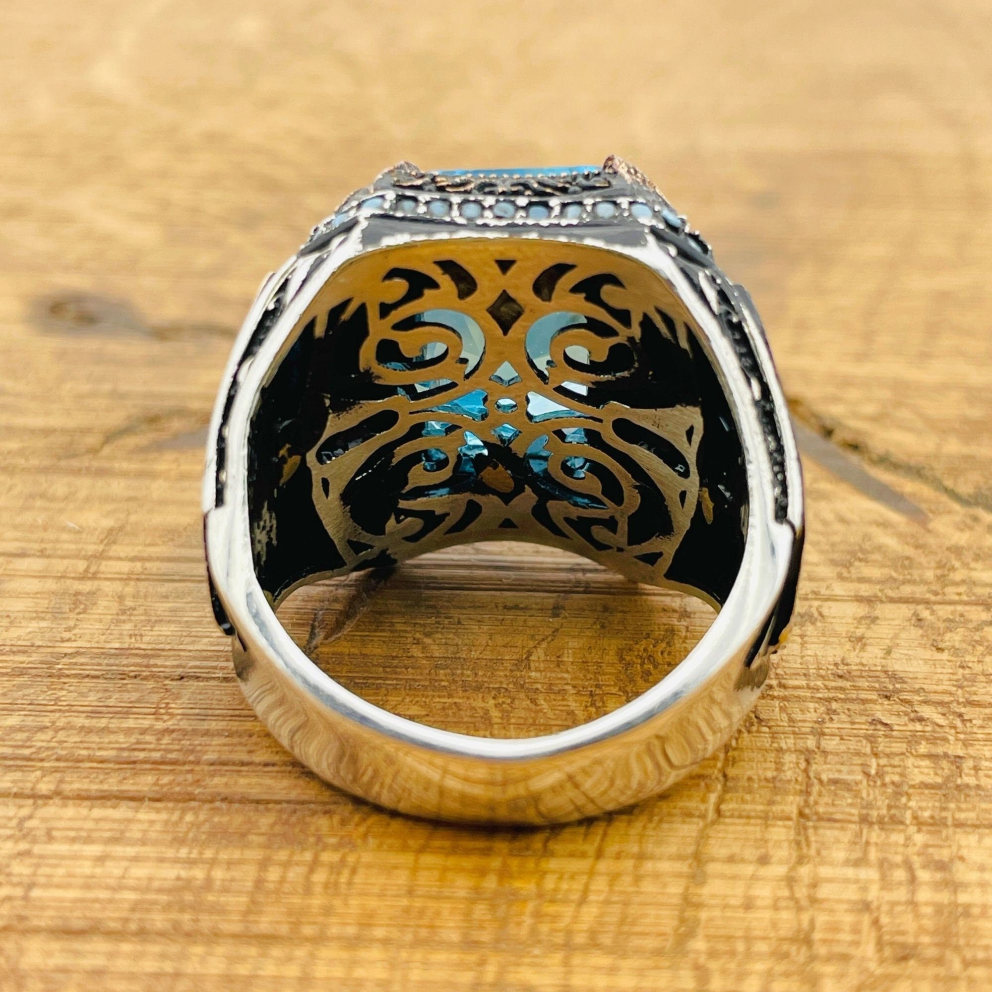 خاتم مربع من الأكوامارين للرجال مصنوع يدويًا - مجوهرات تركية من الفضة الإسترلينية 925