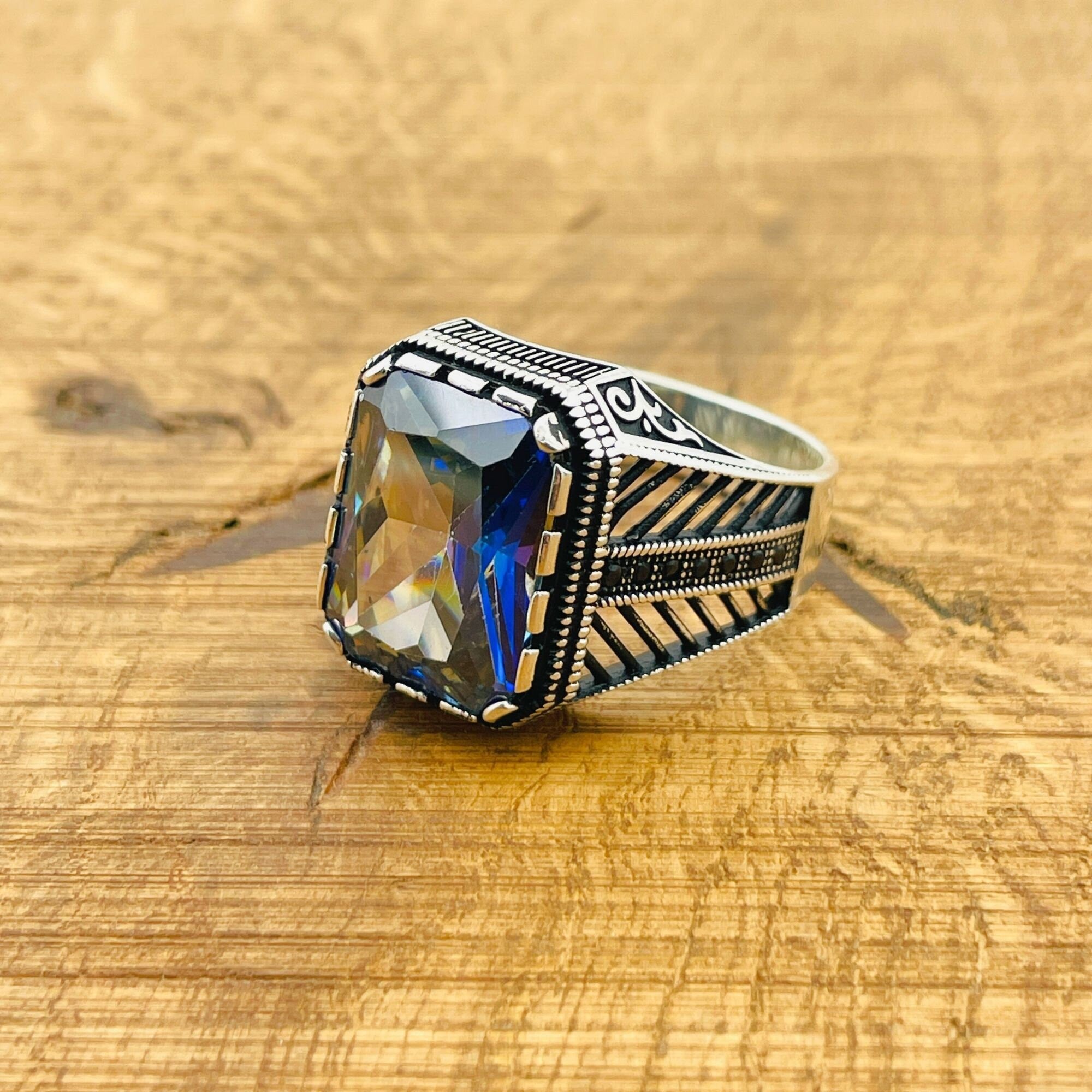 Men's Turkish Handmade Tanzanite Ring | 925 Sterling Silver | Square Blue Gemstone