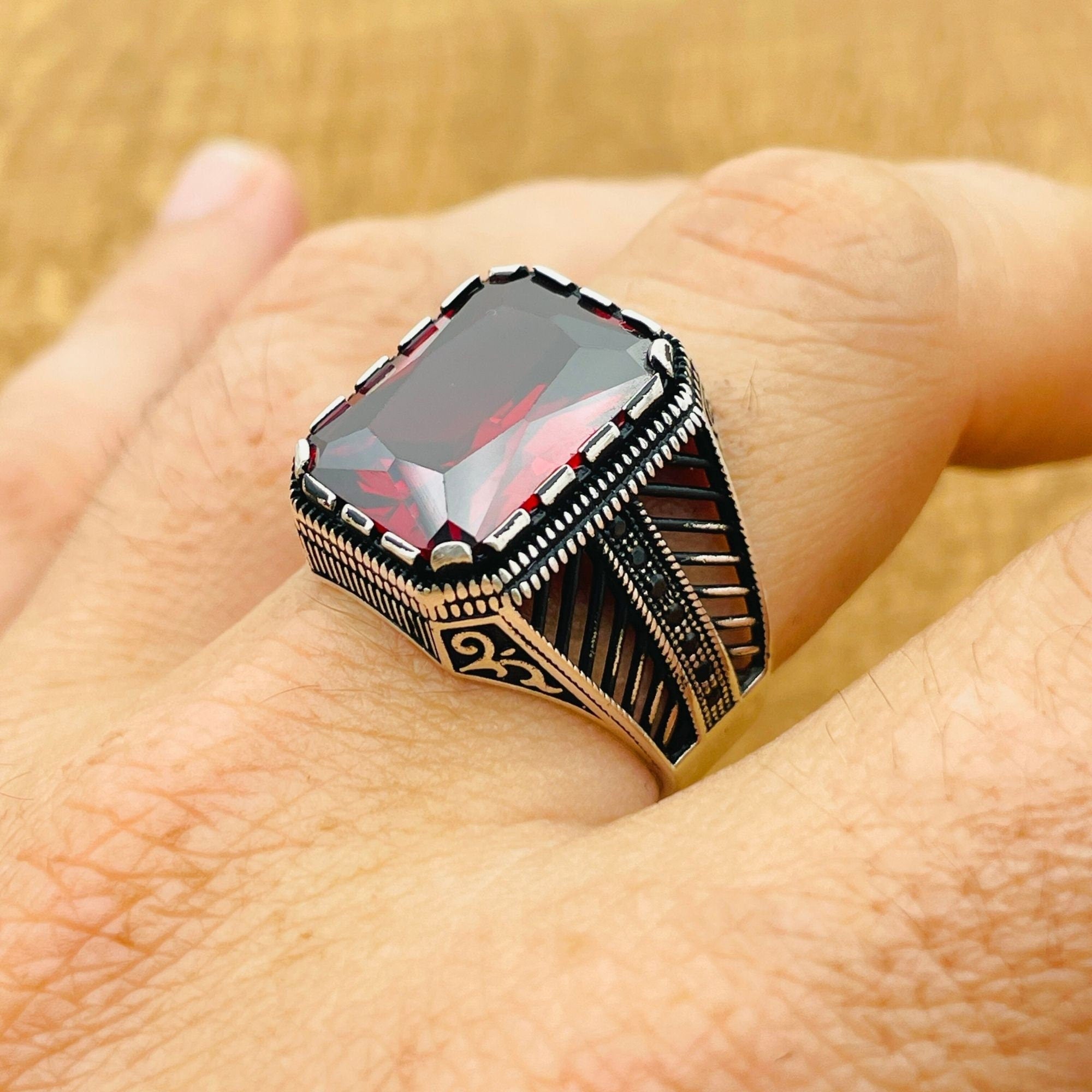 Luxury Men's Ruby Stone Ring - 925 Sterling Silver & Turkish Artisan Craftsmanship