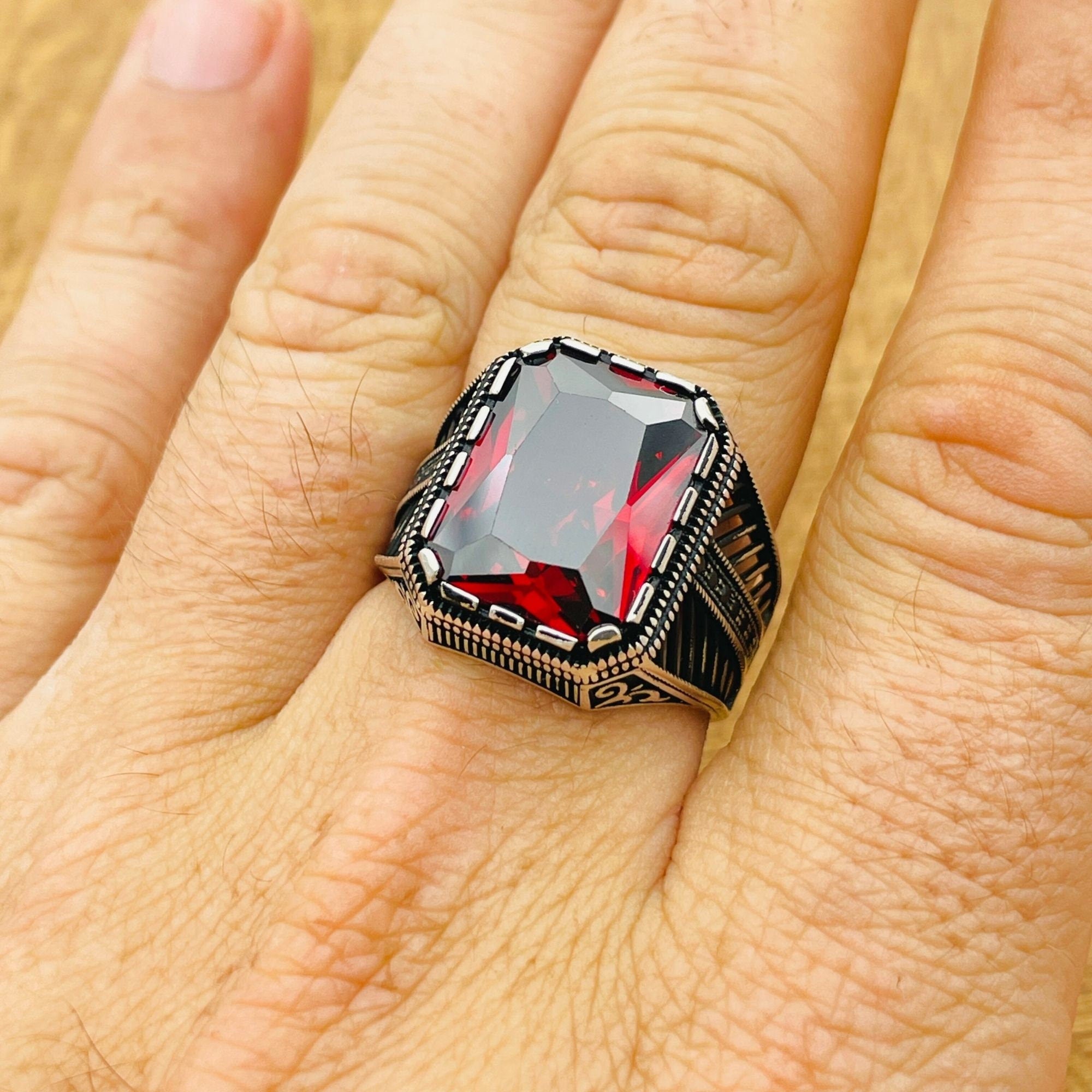 Luxury Men's Ruby Stone Ring - 925 Sterling Silver & Turkish Artisan Craftsmanship