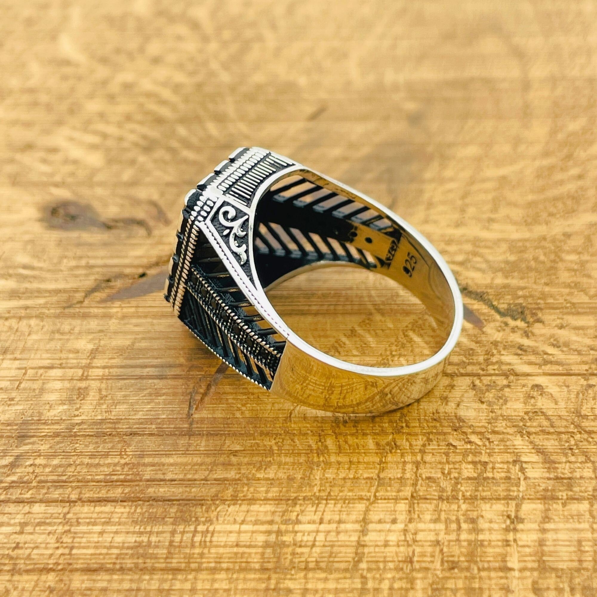 Handcrafted Men's Ottoman Style Black Zircon 925 Sterling Silver Ring