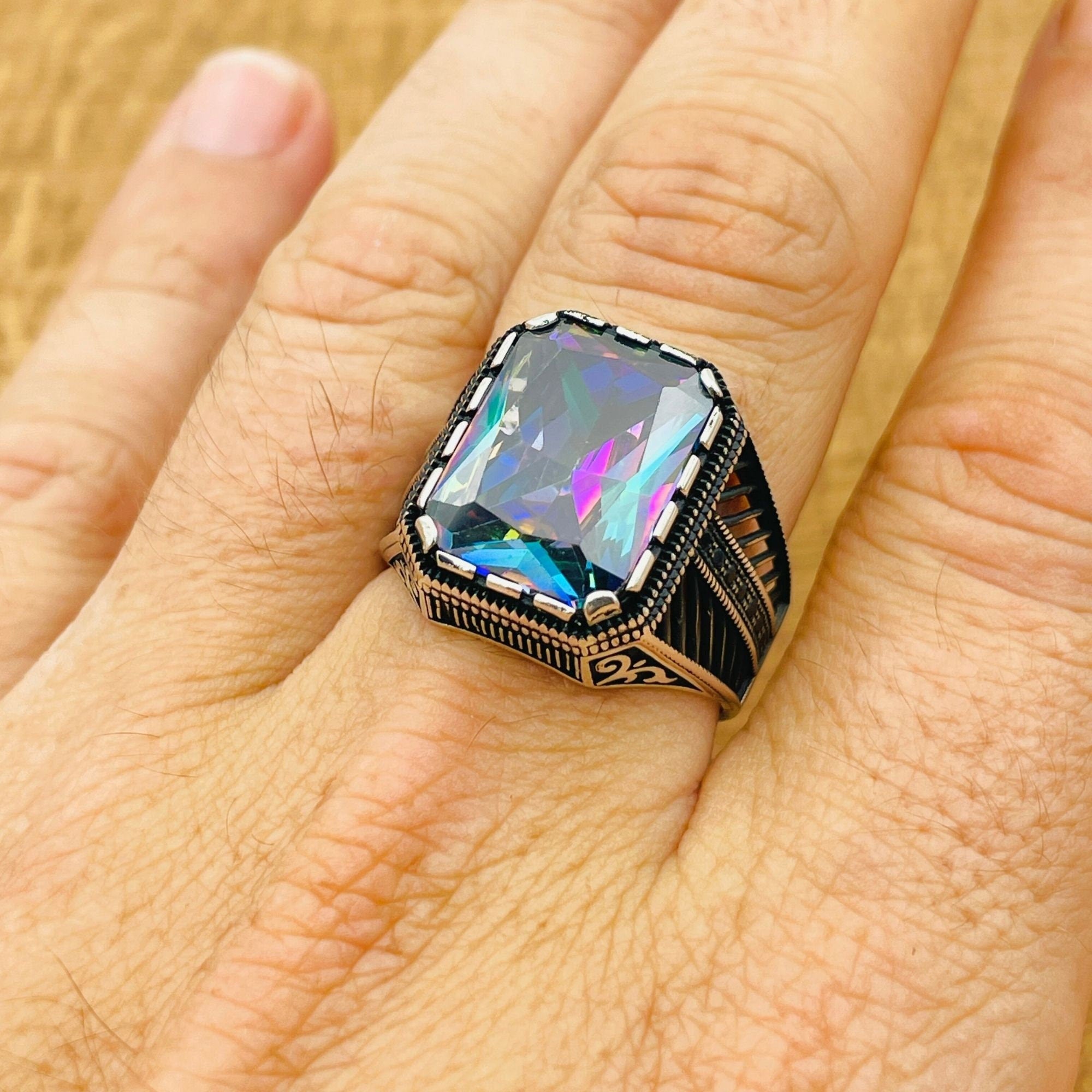Men's Handcrafted Ottoman Style Mystic Topaz 925 Sterling Silver Ring - Unique Artisan Gift