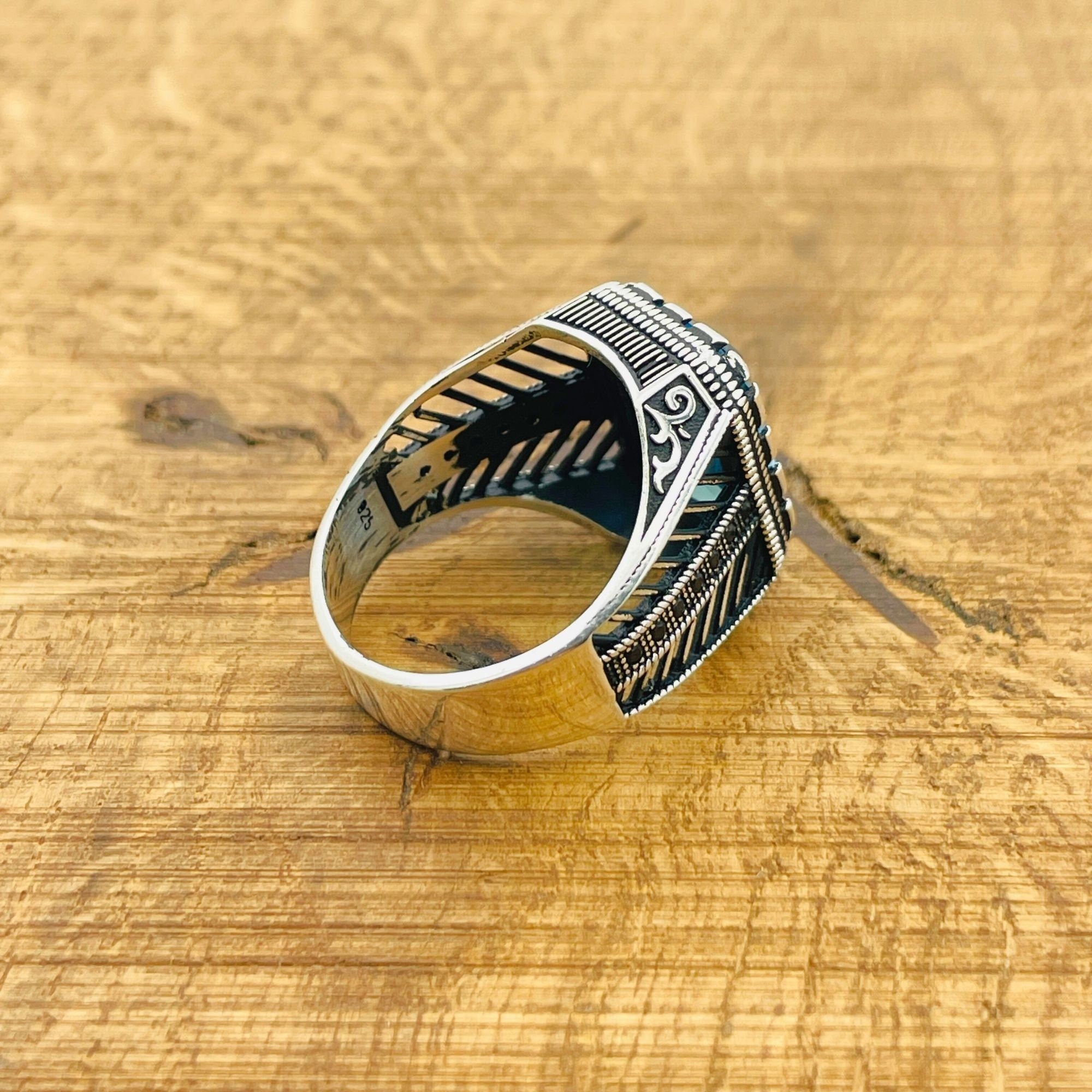 Handcrafted 925 Sterling Silver Men's Aquamarine Square Ring - Authentic Turkish Artisan Jewelry