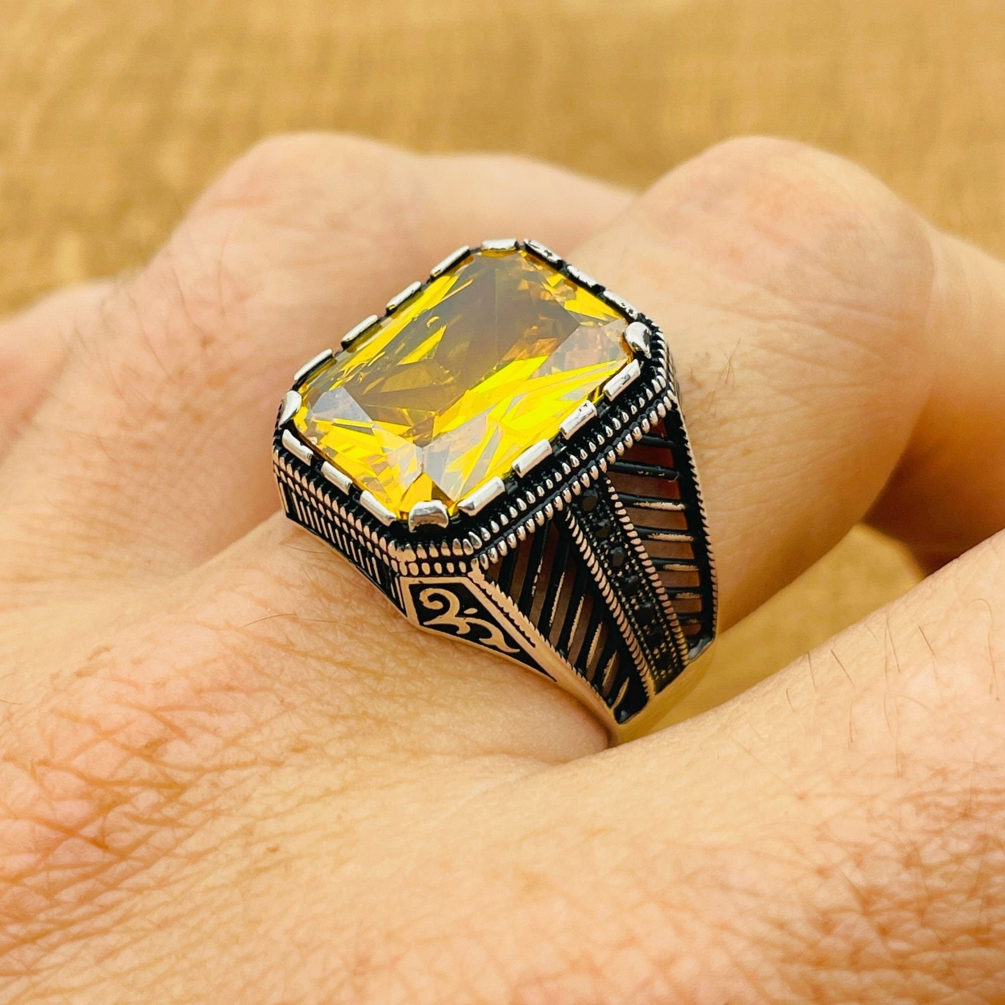 Men's Handmade Ottoman Style Citrine Silver Ring | 925 Sterling Square Stone Jewelry