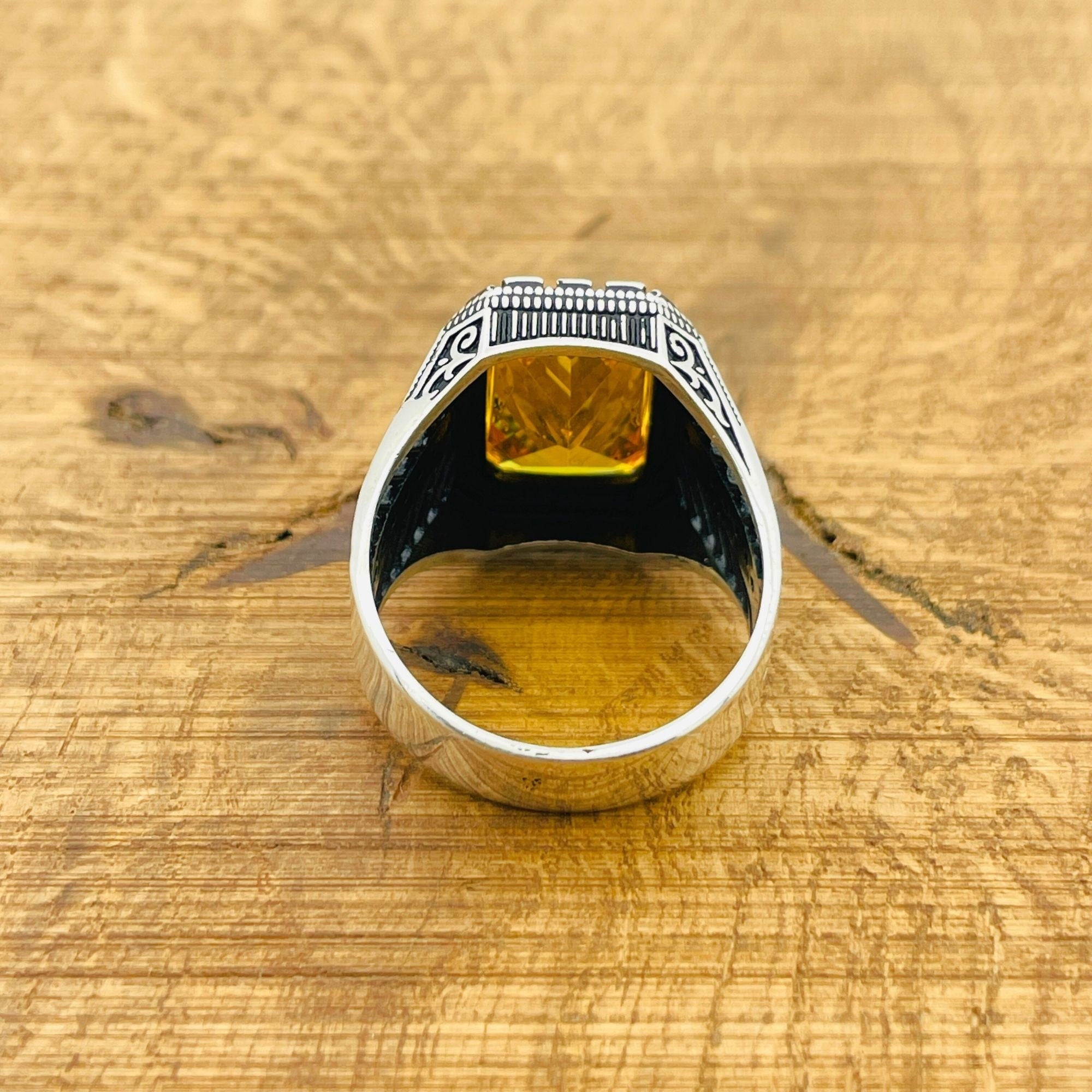 Men's Handmade Ottoman Style Citrine Silver Ring | 925 Sterling Square Stone Jewelry