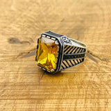 Men's Handmade Ottoman Style Citrine Silver Ring | 925 Sterling Square Stone Jewelry