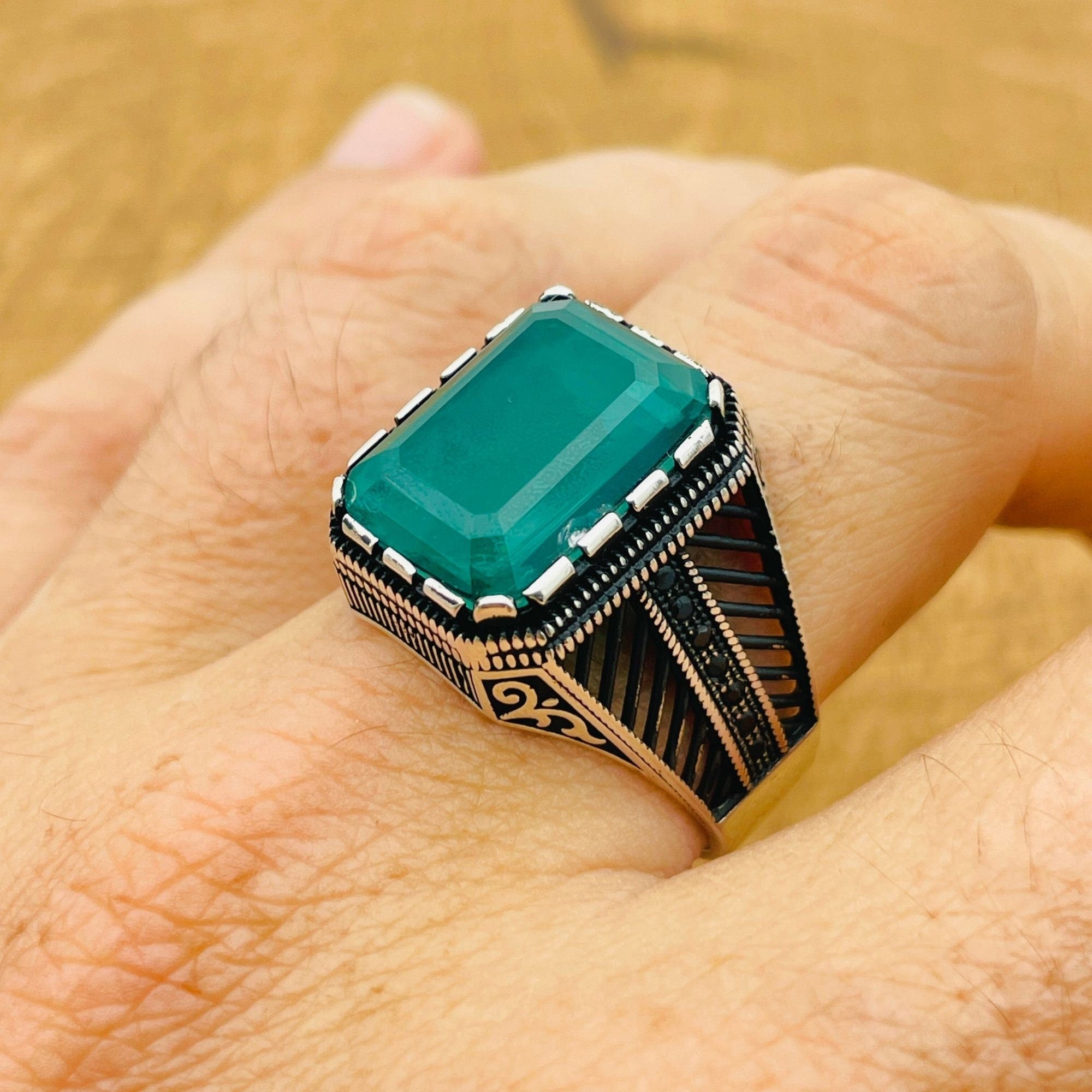 Men's Handmade 925 Sterling Silver Ring with Green Paraiba Stone | Ottoman Inspired Design