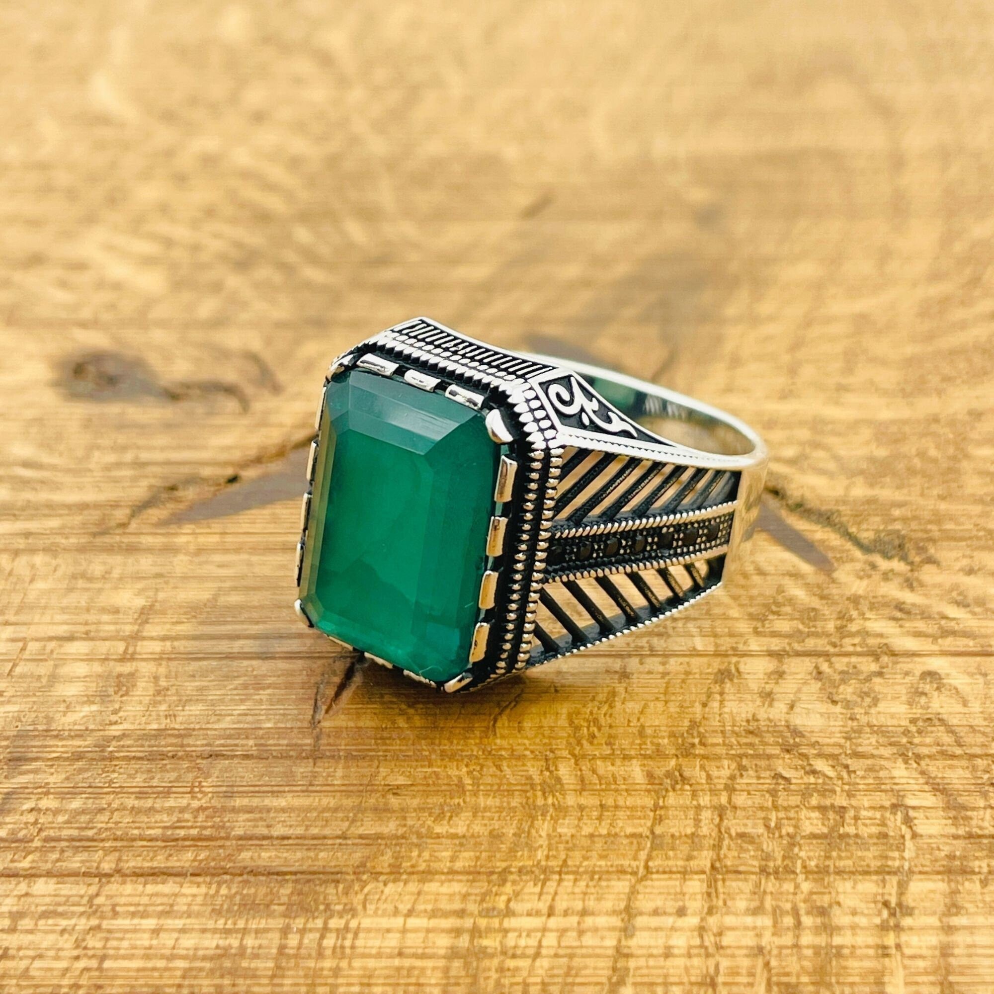 Men's Handmade 925 Sterling Silver Ring with Green Paraiba Stone | Ottoman Inspired Design