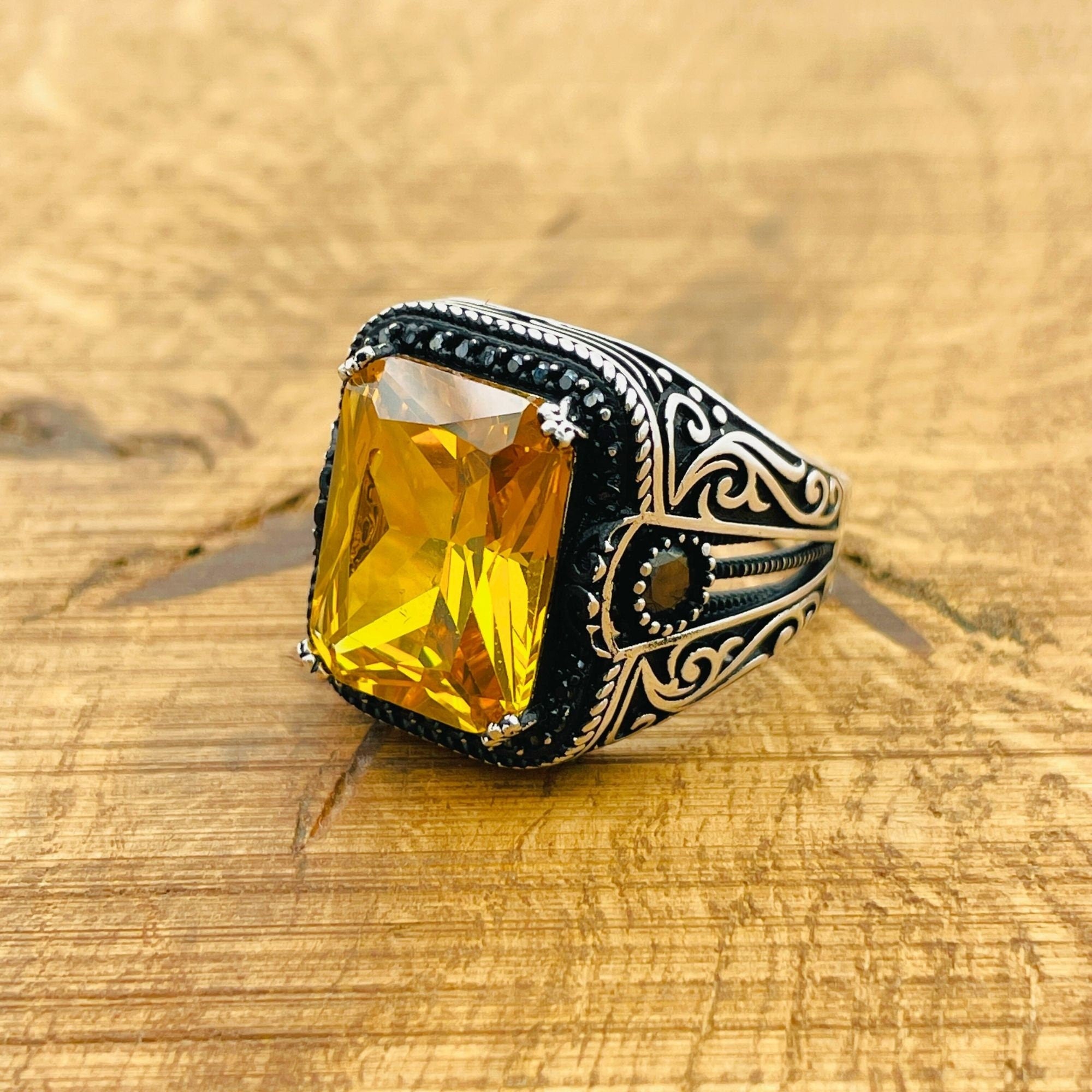 Handmade Ottoman Design Men's 925 Sterling Silver Ring with Yellow Square Citrine - Elegant Gift