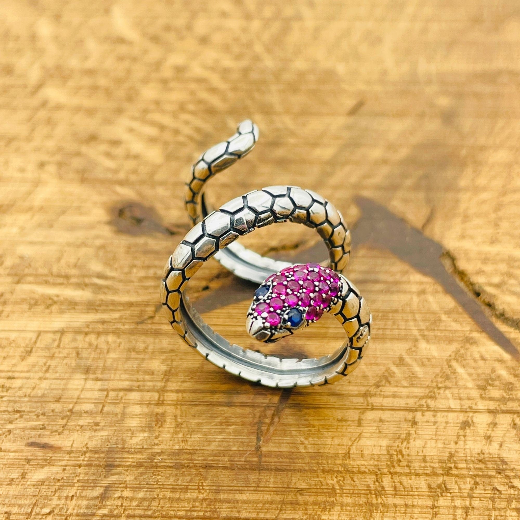 خاتم أفعى من الفيروز البنفسجي المصنوع يدوياً من الفضة الإسترلينية 925 التركية - مجوهرات بيان قابلة للتعديل