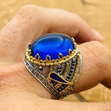 Men's Handcrafted Turkish 925 Sterling Silver Blue Topaz Oval Ring - Authentic Statement Jewelry for Him