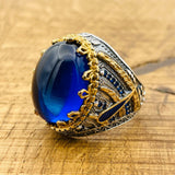Men's Handcrafted Turkish 925 Sterling Silver Blue Topaz Oval Ring - Authentic Statement Jewelry for Him