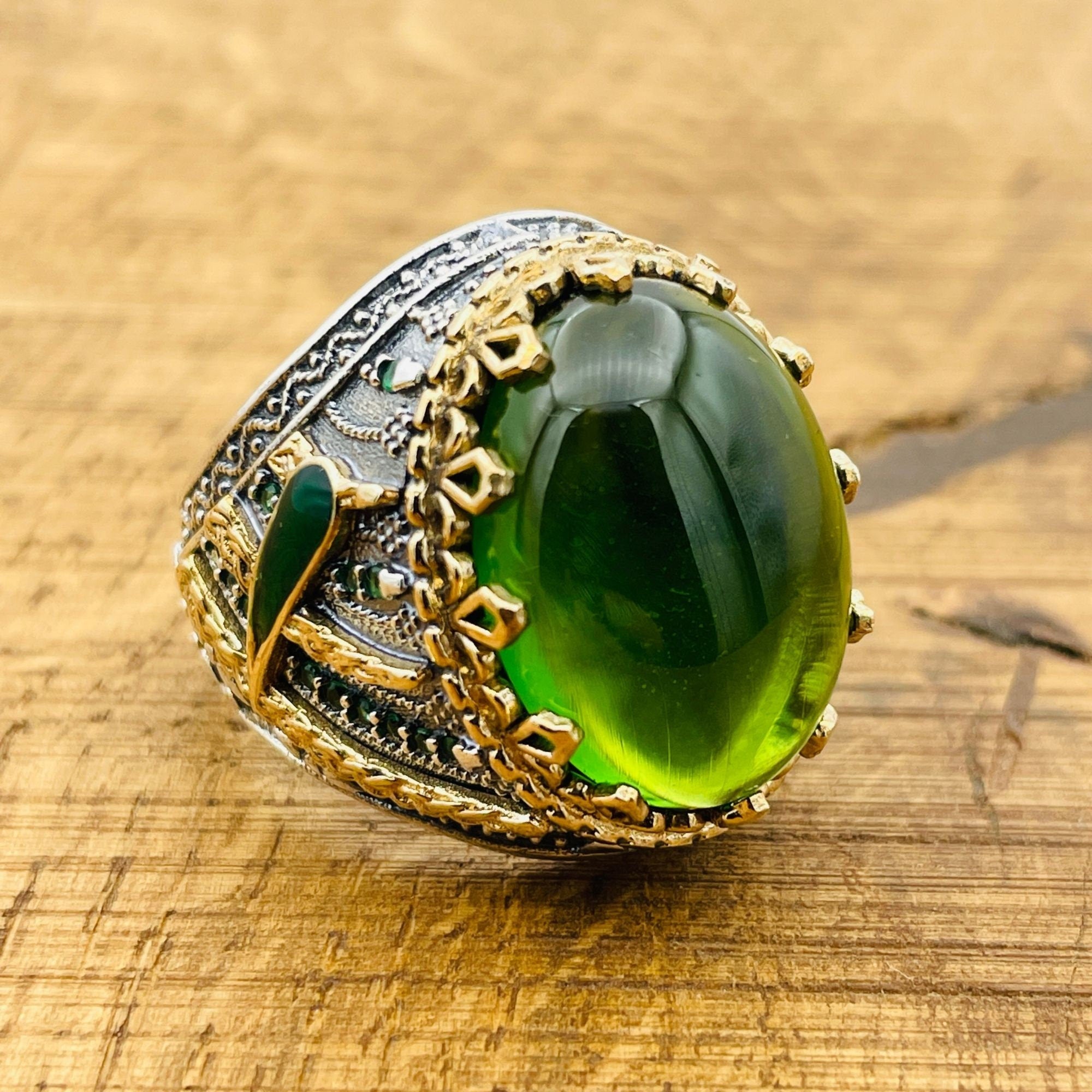 Men's Handmade Green Topaz Oval Ring | 925 Sterling Silver Ottoman Style Statement Jewelry