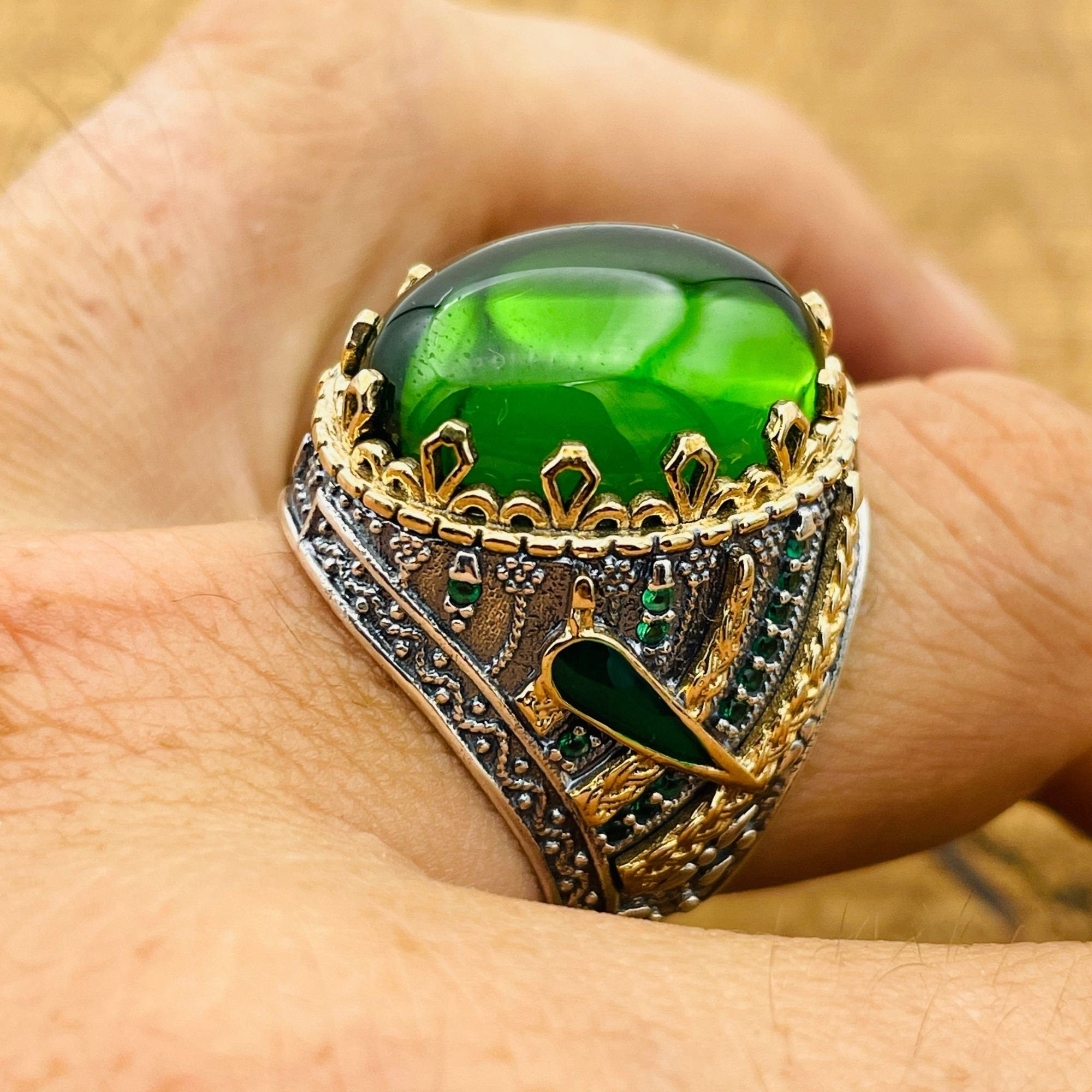 Men's Handmade Green Topaz Oval Ring | 925 Sterling Silver Ottoman Style Statement Jewelry
