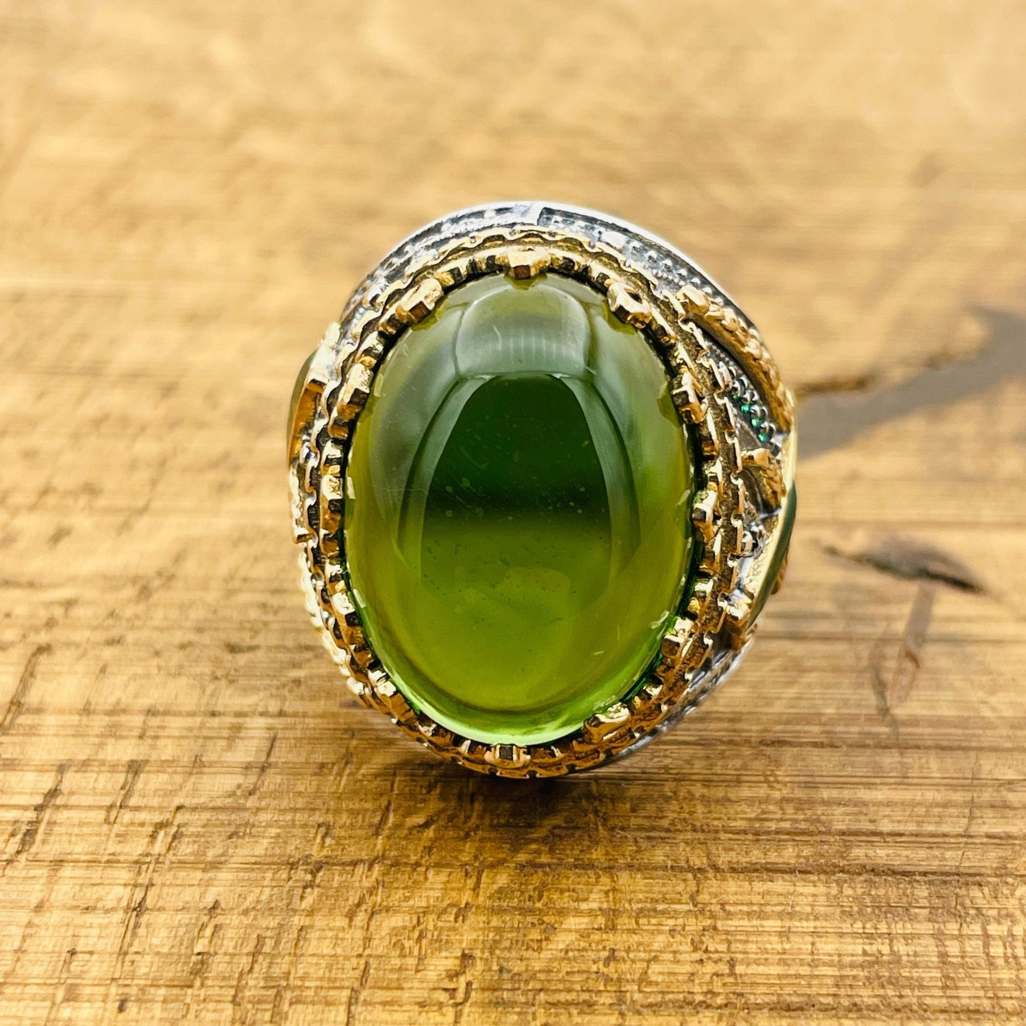 Men's Handmade Green Topaz Oval Ring | 925 Sterling Silver Ottoman Style Statement Jewelry