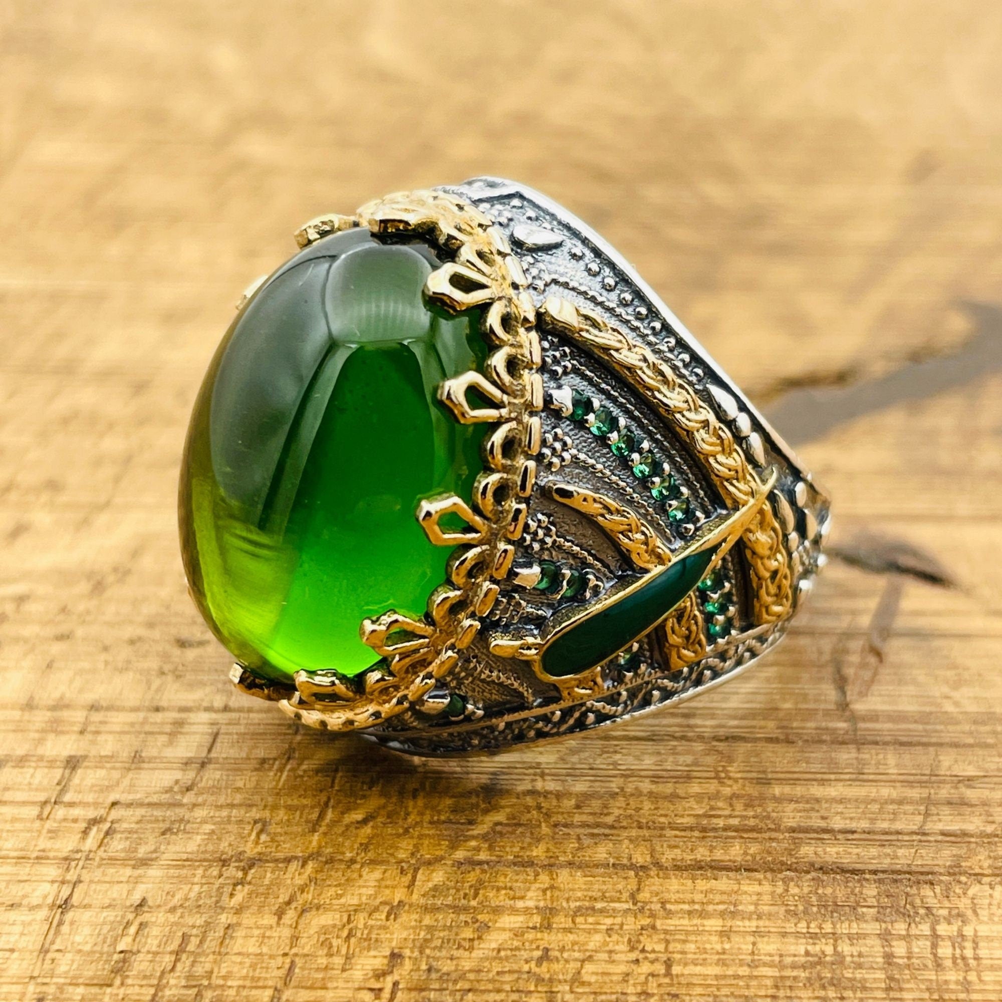 Men's Handmade Green Topaz Oval Ring | 925 Sterling Silver Ottoman Style Statement Jewelry