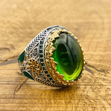 Turkish Handmade Men's Oval Green Topaz 925 Sterling Silver Statement Ring - Gift for Him