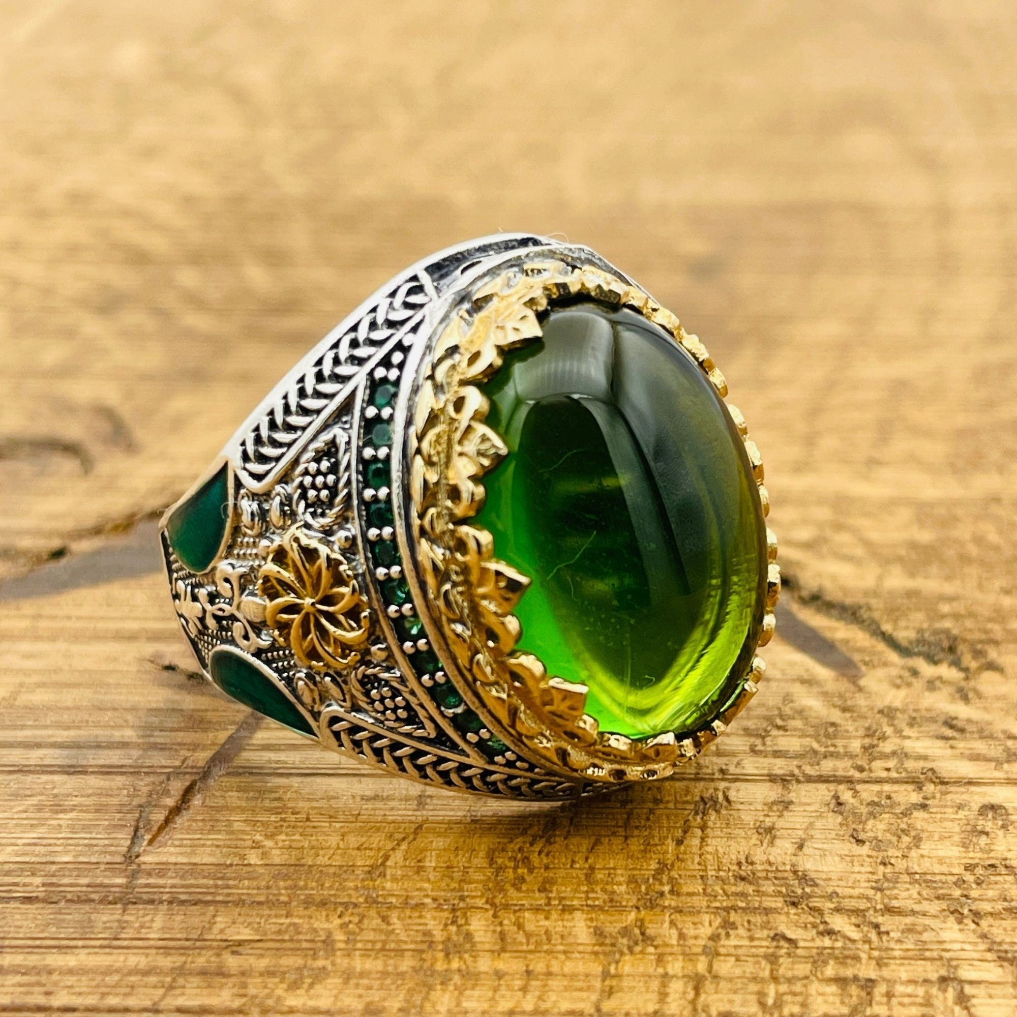 Turkish Handmade Men's Oval Green Topaz 925 Sterling Silver Statement Ring - Gift for Him