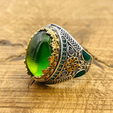 Turkish Handmade Men's Oval Green Topaz 925 Sterling Silver Statement Ring - Gift for Him
