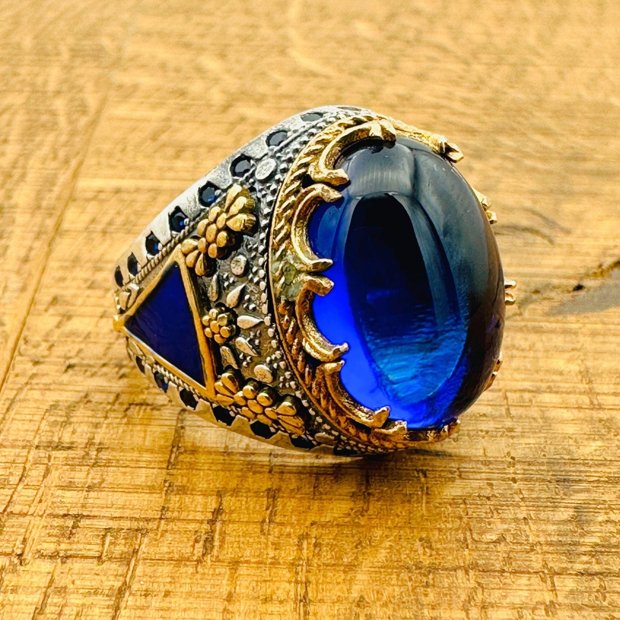 Men's Handcrafted Turkish 925 Sterling Silver Blue Topaz Oval Ring