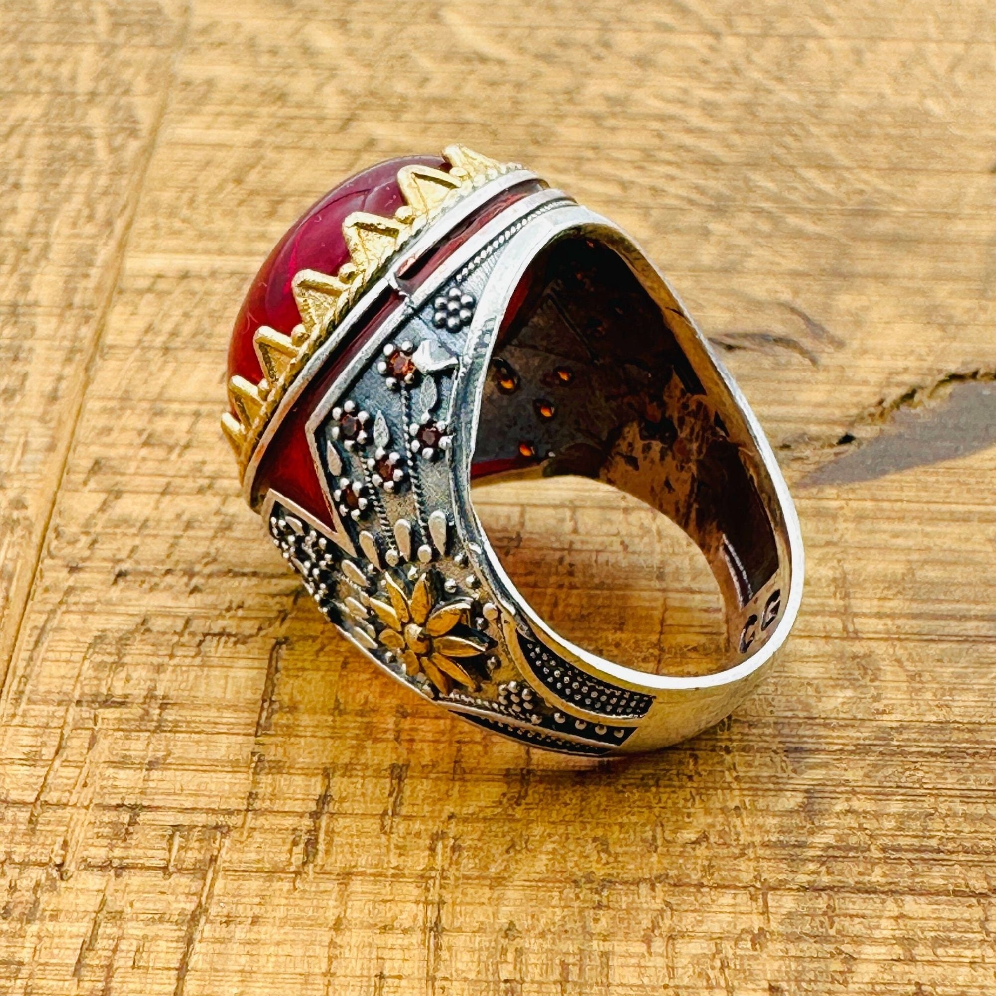 خاتم رجالي بيضاوي من العقيق الأحمر والسترلينغ الفضي 925 على الطراز العثماني اليدوي الرائع