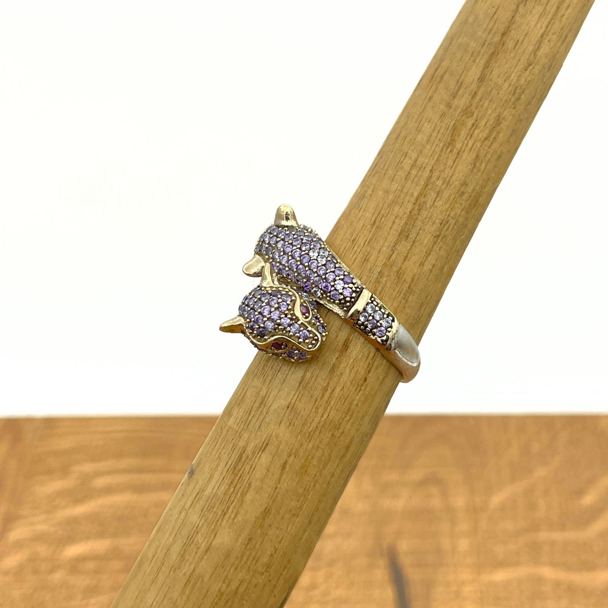 Bague double tigre en améthyste en argent sterling 925 fait main - Bijoux animaux turcs uniques