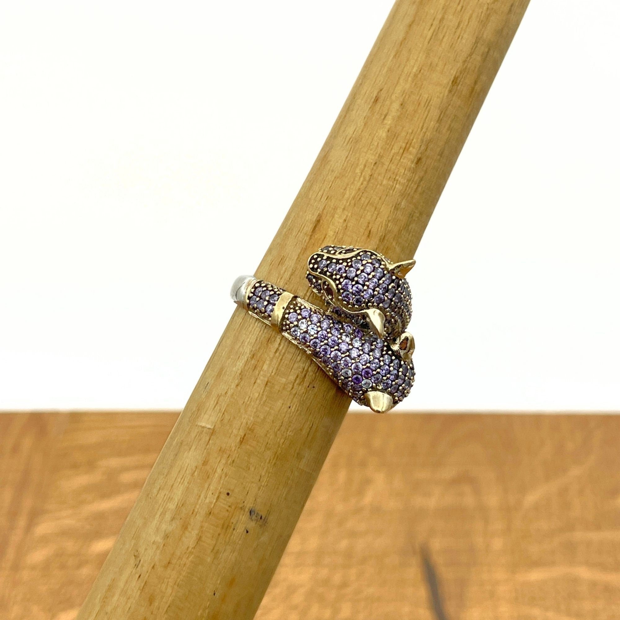 Bague double tigre en améthyste en argent sterling 925 fait main - Bijoux animaux turcs uniques