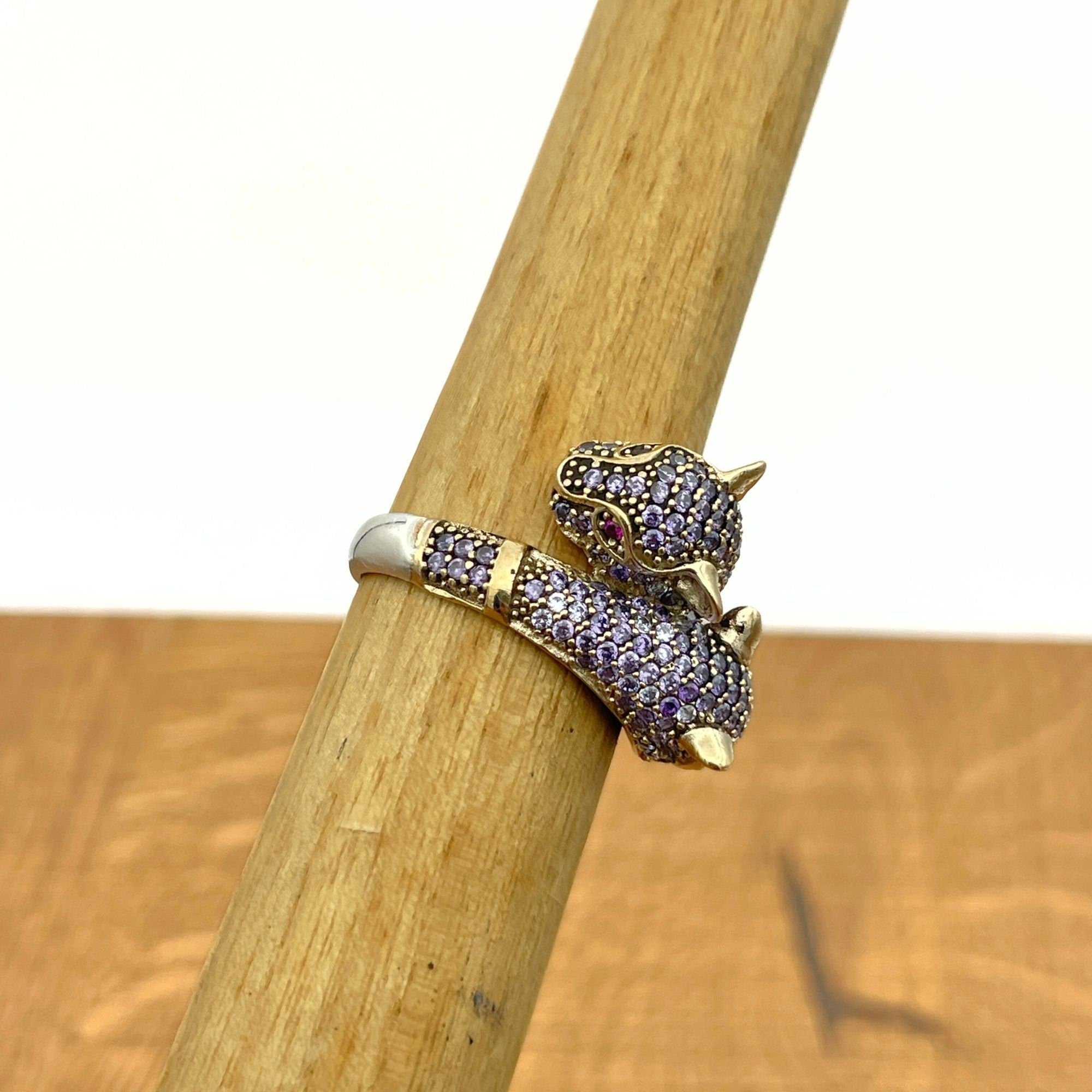 Bague double tigre en améthyste en argent sterling 925 fait main - Bijoux animaux turcs uniques