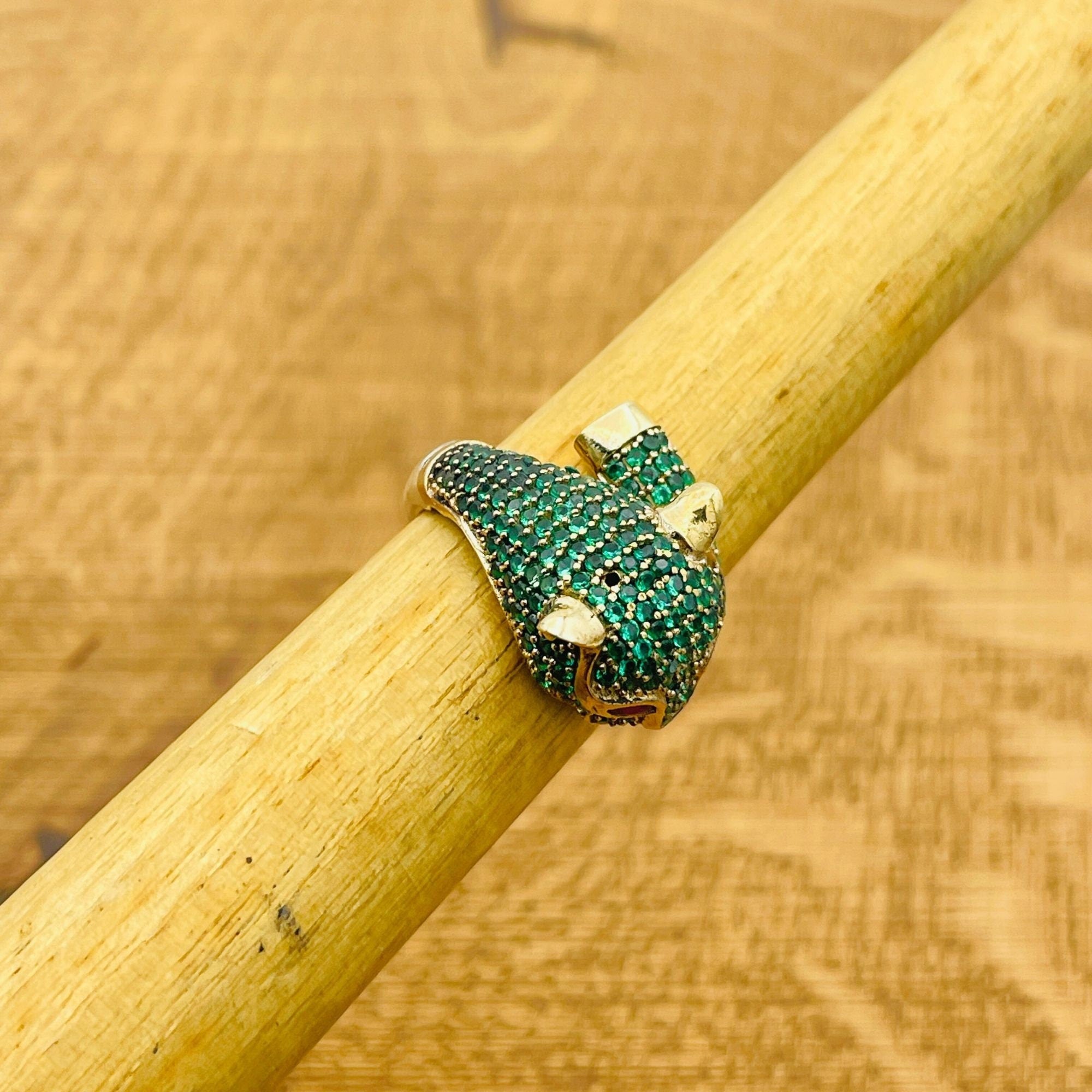 Turkish Handmade 925 Sterling Silver Emerald Tiger Head Ring - Artisan Statement Jewelry Gift