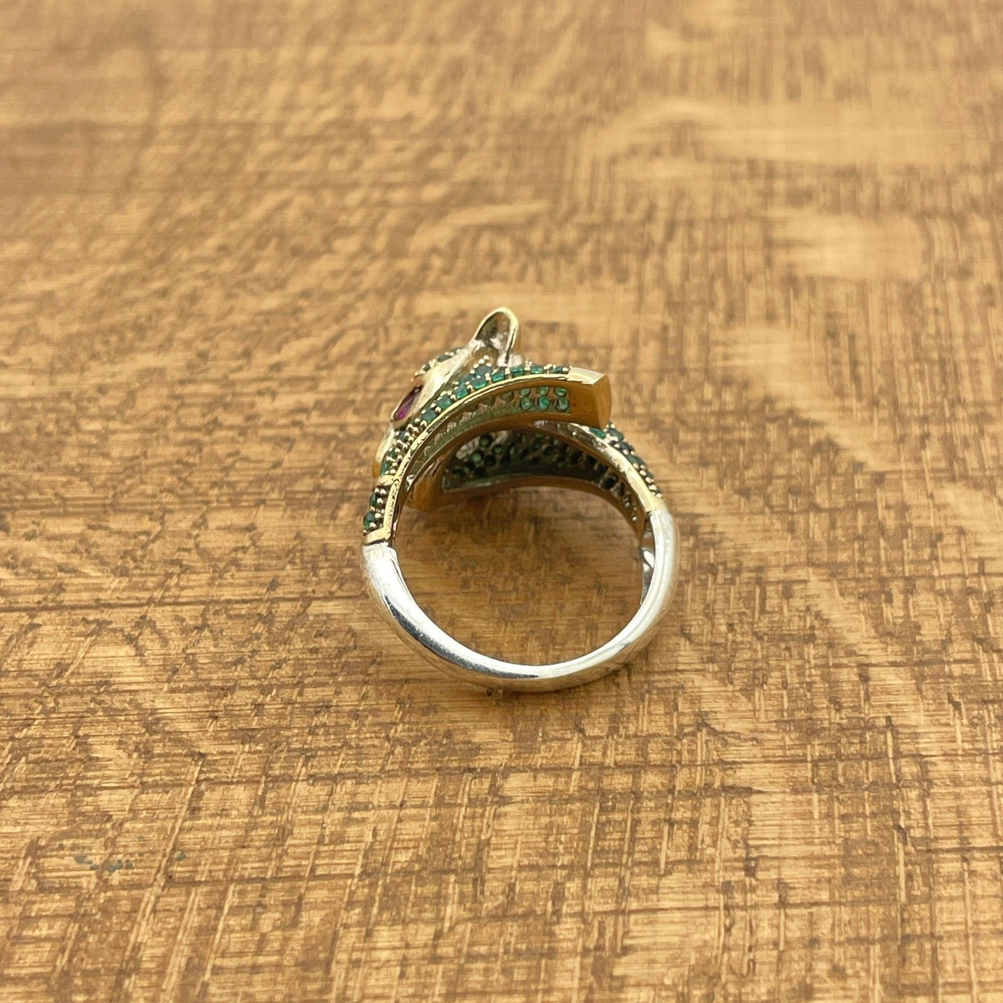 Turkish Handmade 925 Sterling Silver Emerald Tiger Head Ring - Artisan Statement Jewelry Gift