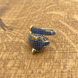 خاتم رأس نمر من الياقوت الأزرق التركي اليدوي الفاخر - مجوهرات حيوانية بيان من الفضة الإسترلينية 925