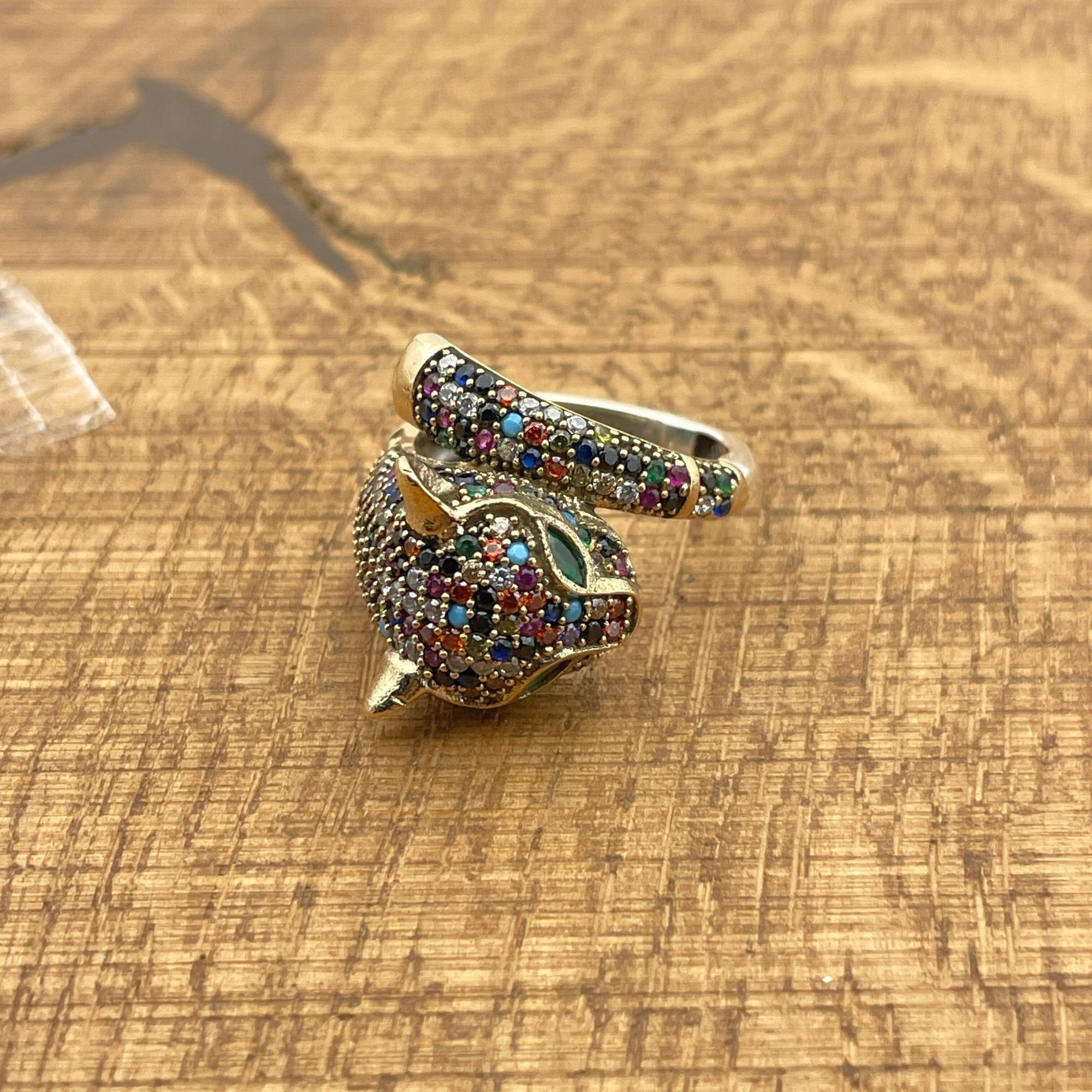 خاتم رأس نمر متعدد الأحجار الزاهية | مجوهرات حيوانات فضة تركية 925 إسترلينغ مصنوعة يدوياً للنساء