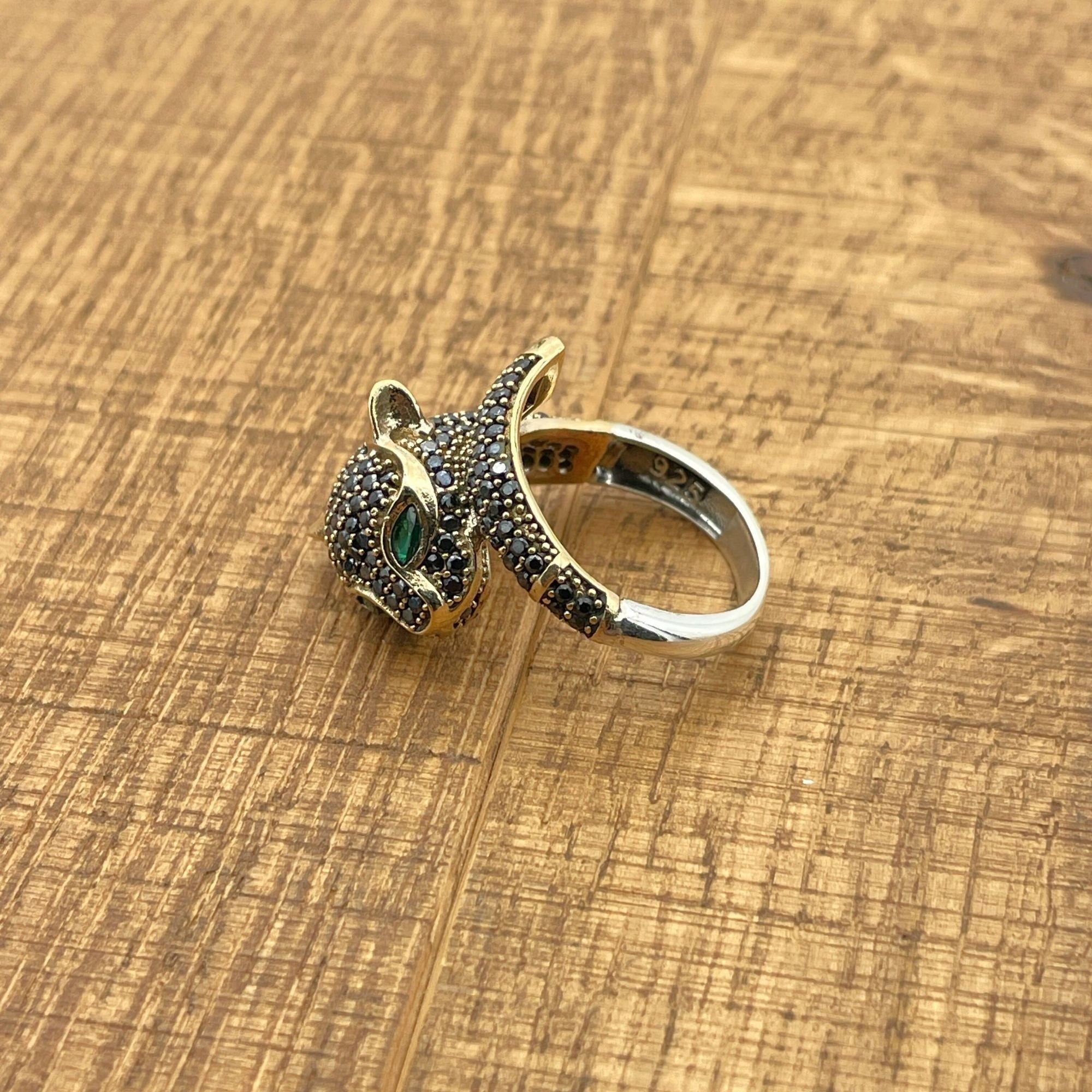 Bague artisanale tête de tigre en onyx noir en argent sterling turc | Bijoux artisanaux unisexes