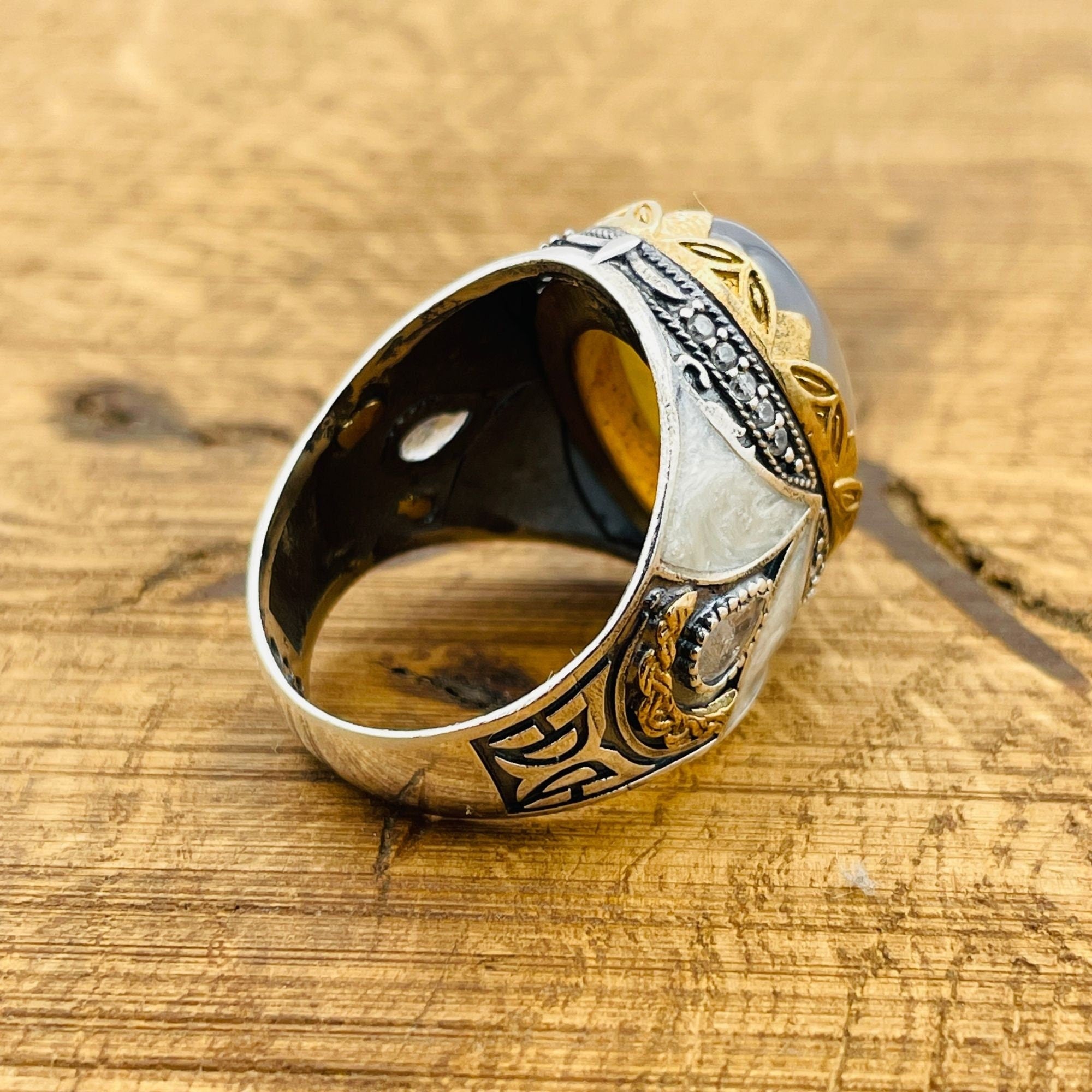 خاتم بيضاوي من العقيق البني الجريء للرجال - مجوهرات حجر كريم تركية مصنوعة يدوياً من الفضة الإسترلينية 925 هدية