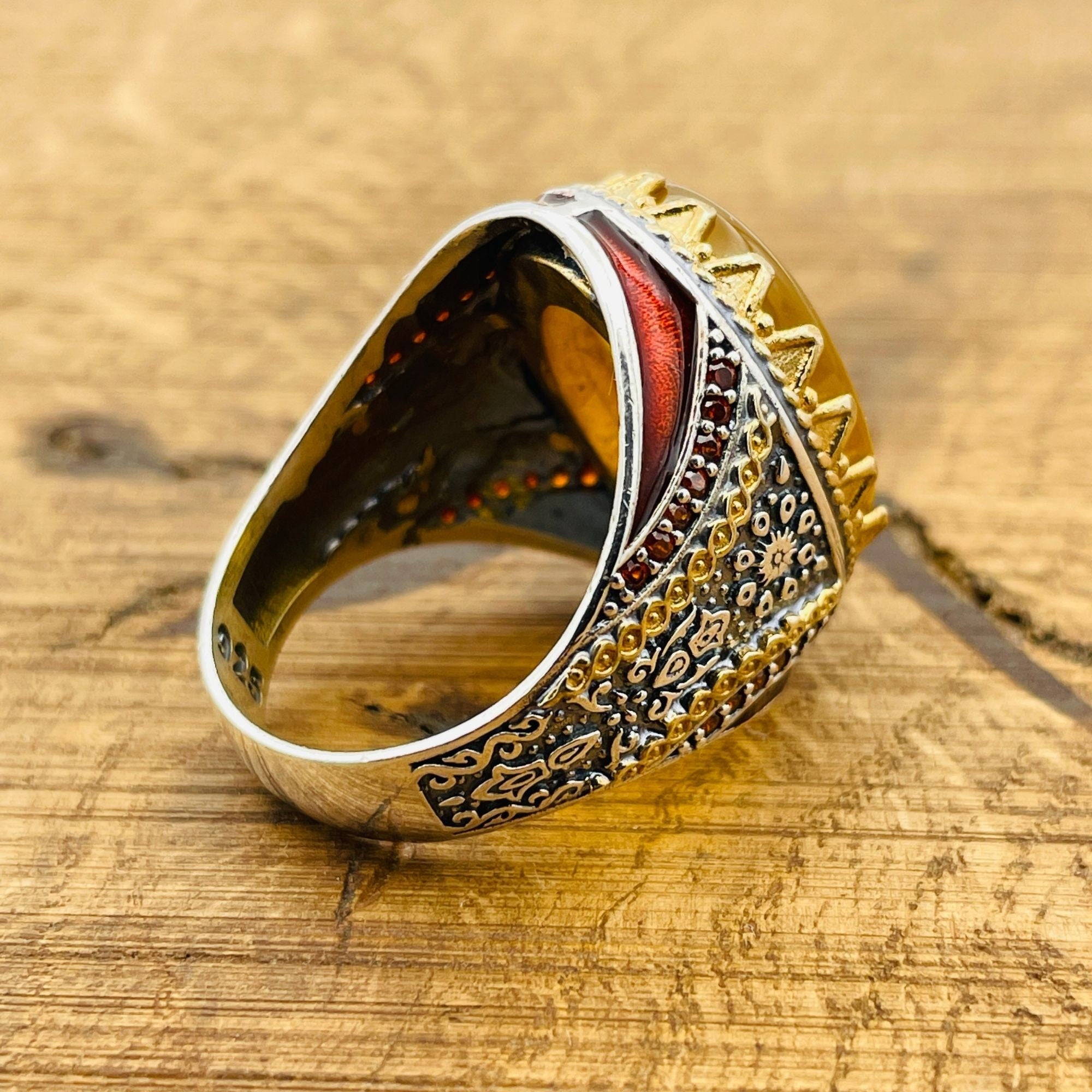 خاتم بيضاوي من العقيق الأصفر التركي اليدوي الصنع للرجال | مجوهرات بيان من الفضة الإسترلينية 925