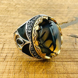 Men's Vintage Black-Brown Agate Sterling Silver Ring | Handmade Turkish Gemstone Jewelry