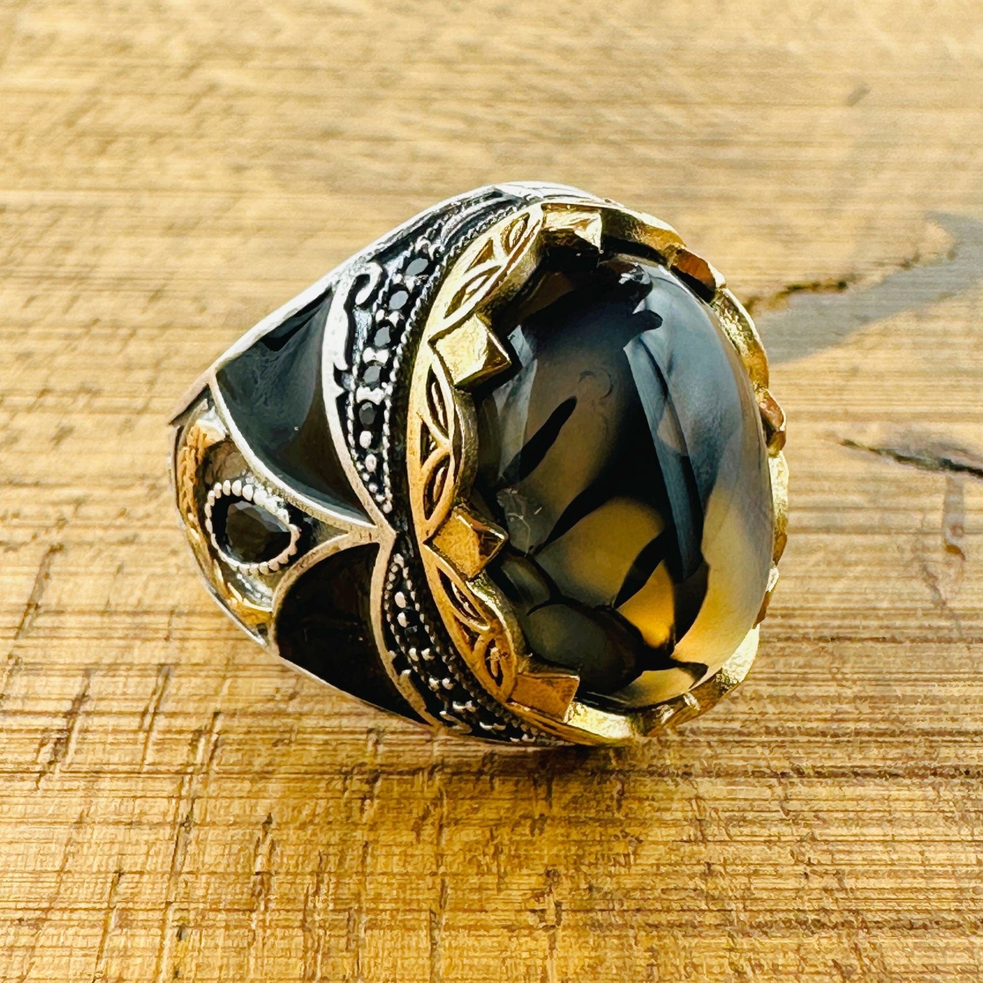 Men's Vintage Black-Brown Agate Sterling Silver Ring | Handmade Turkish Gemstone Jewelry