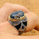 Men's Vintage Black-Brown Agate Sterling Silver Ring | Handmade Turkish Gemstone Jewelry