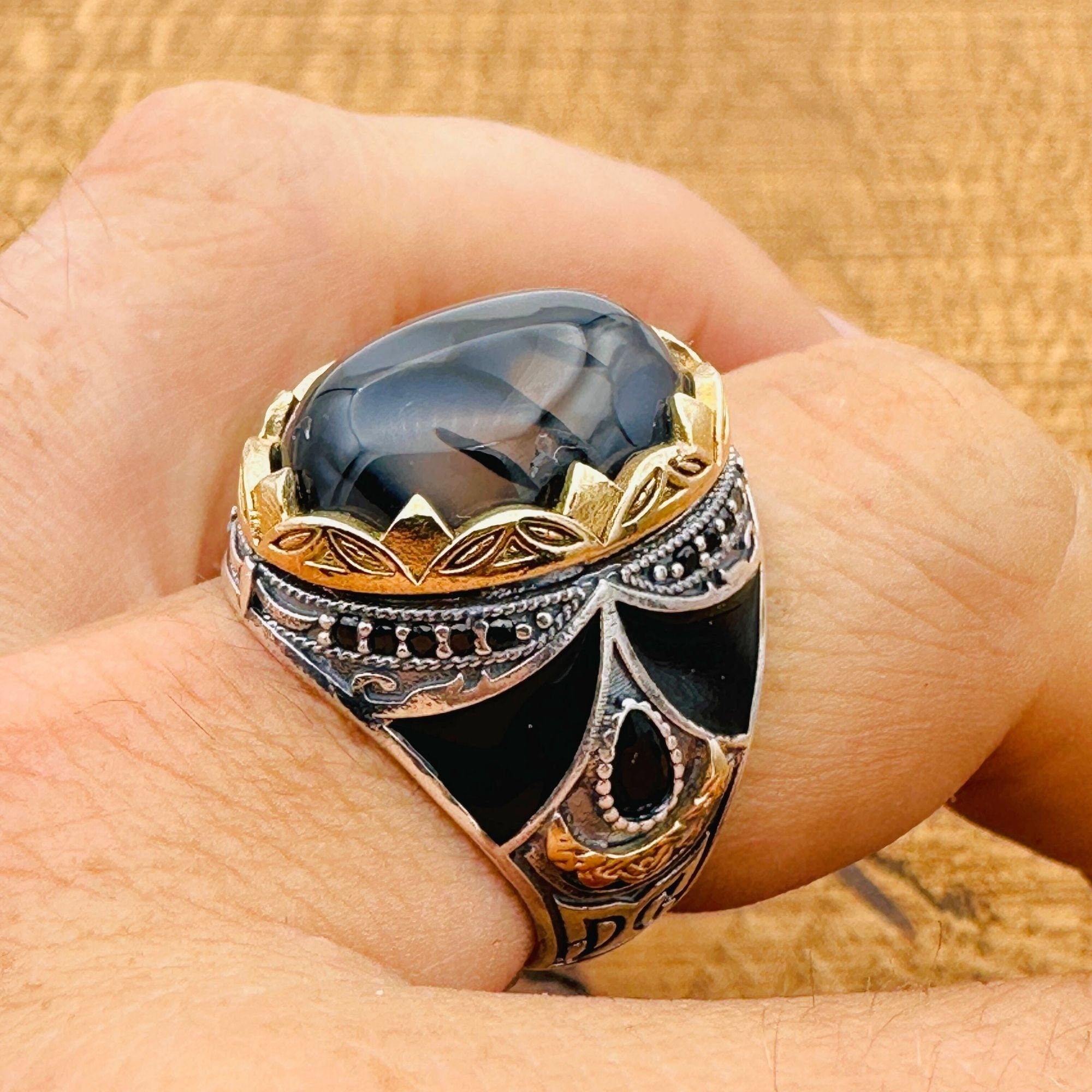Men's Vintage Black-Brown Agate Sterling Silver Ring | Handmade Turkish Gemstone Jewelry