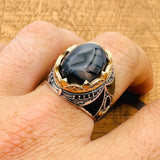 Men's Vintage Black-Brown Agate Sterling Silver Ring | Handmade Turkish Gemstone Jewelry