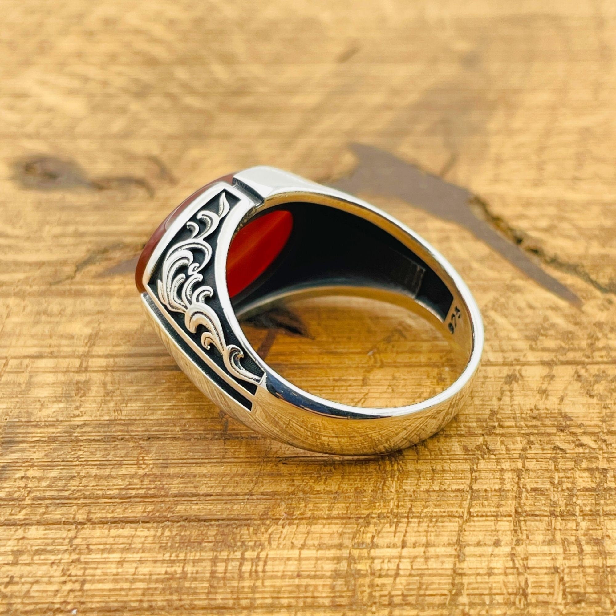 خاتم بيضاوي من العقيق الأحمر للرجال تركي مصنوع يدوياً - مجوهرات حجر كريم من الفضة الإسترلينية 925
