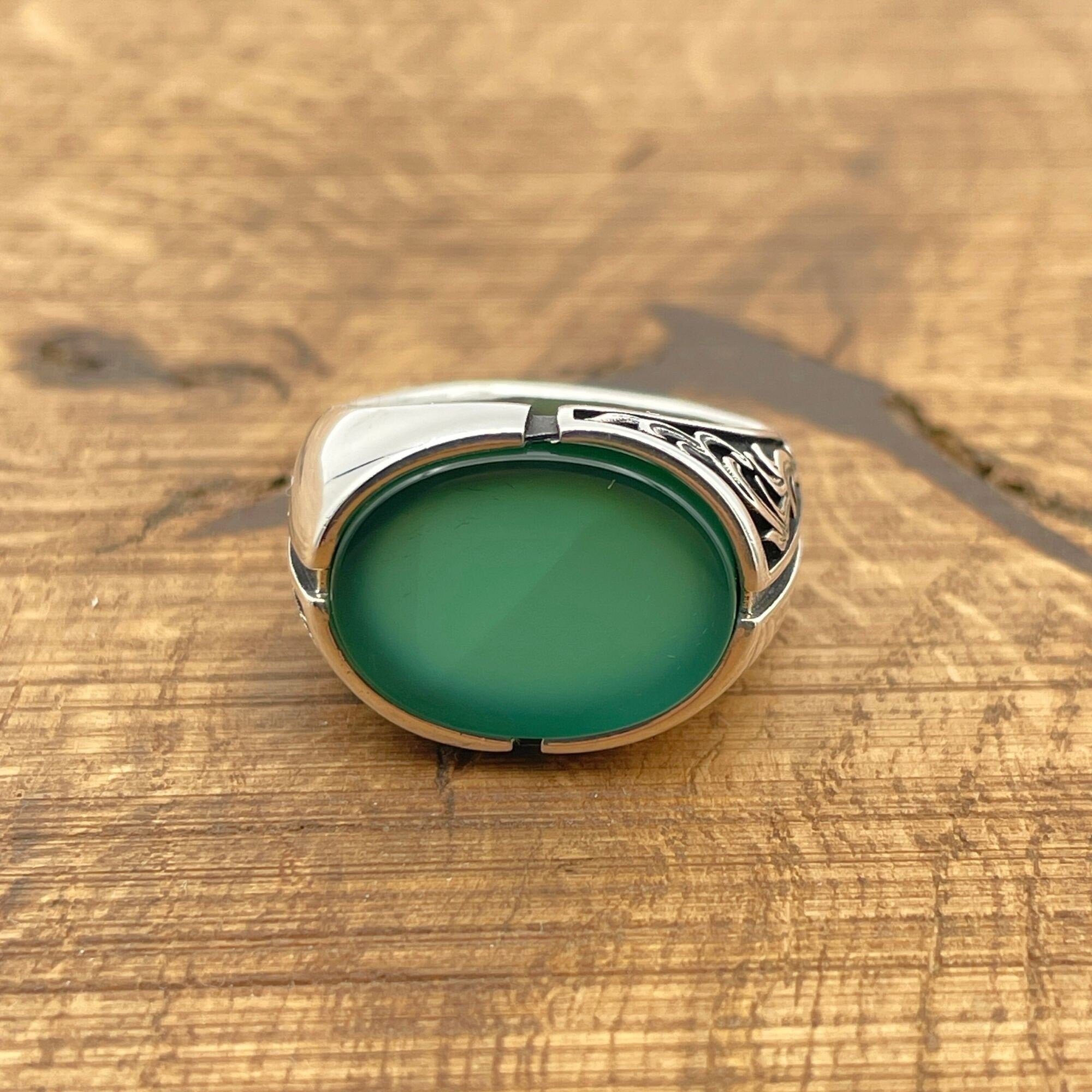 Turkish Handmade Men's Green Agate Sterling Silver Oval Ring - Artisan Vintage Style Jewelry