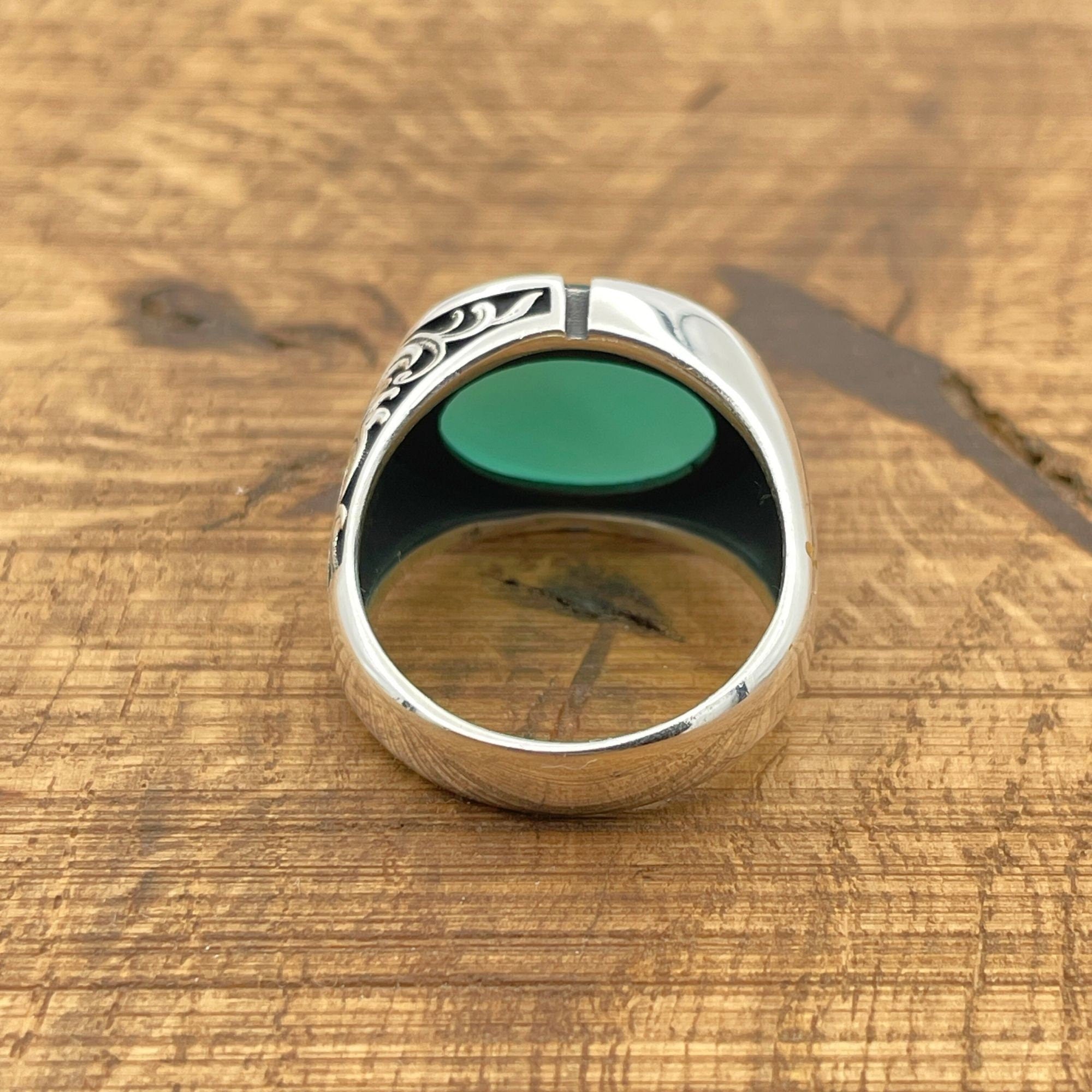 Turkish Handmade Men's Green Agate Sterling Silver Oval Ring - Artisan Vintage Style Jewelry