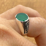 Turkish Handmade Men's Green Agate Sterling Silver Oval Ring - Artisan Vintage Style Jewelry