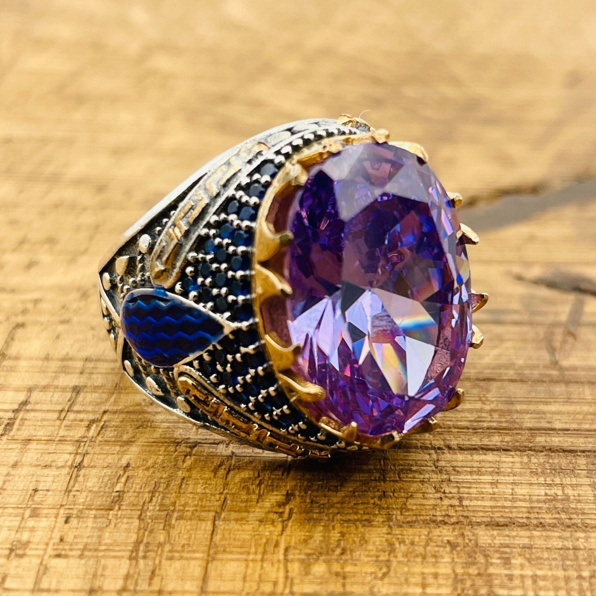 Men's Turkish Handcrafted Amethyst Ring - Sterling Silver Oval Ottoman Statement Jewelry